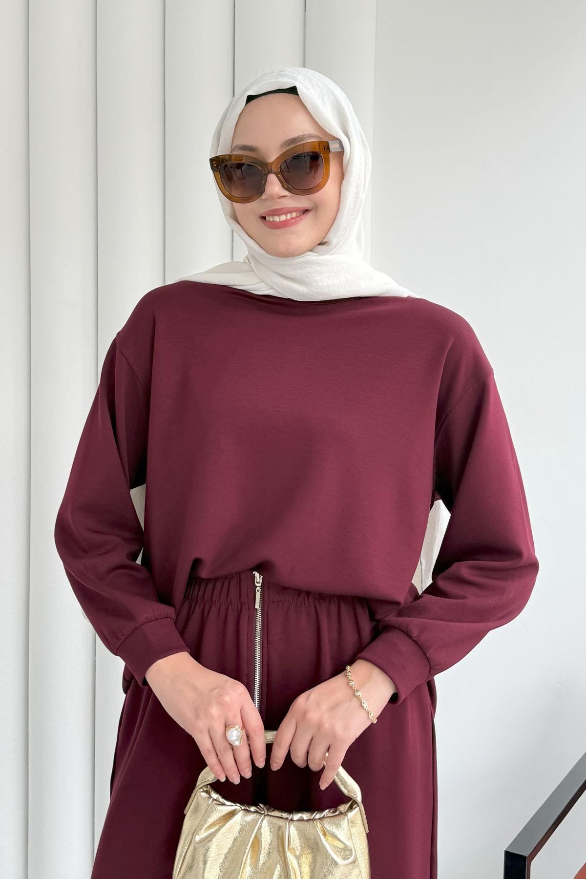 Fermuar Detaylı Pantolonlu Tesettür Takım-BORDO
