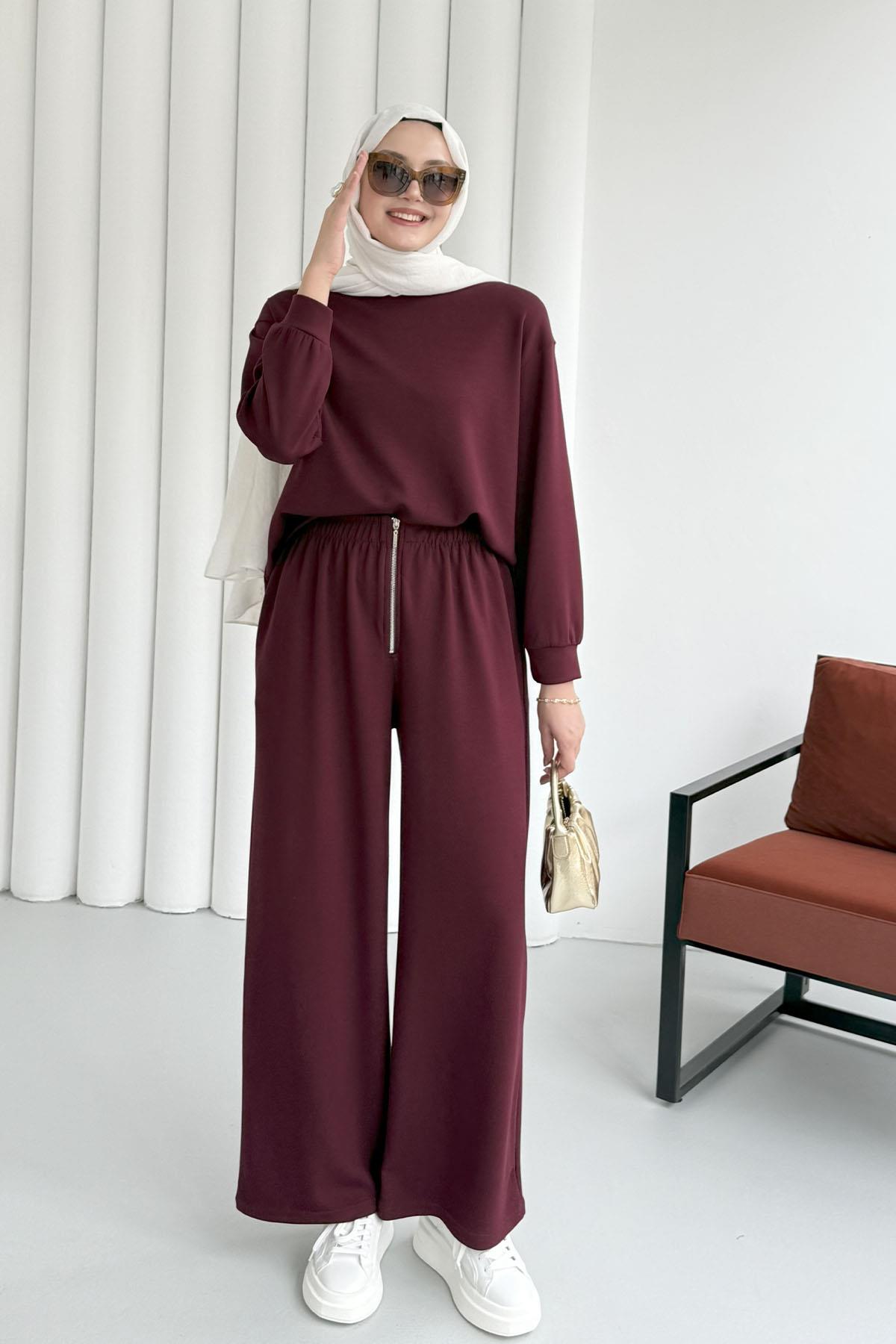 Fermuar Detaylı Pantolonlu Tesettür Takım-BORDO