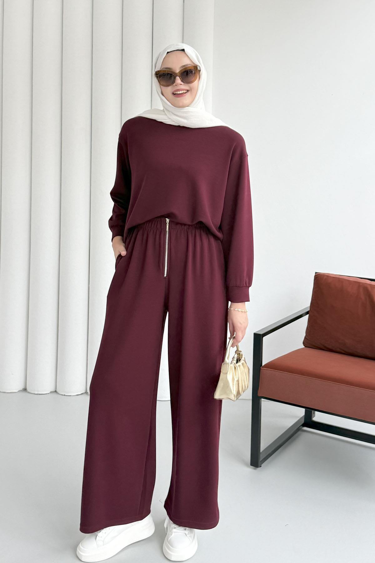 Fermuar Detaylı Pantolonlu Tesettür Takım-BORDO