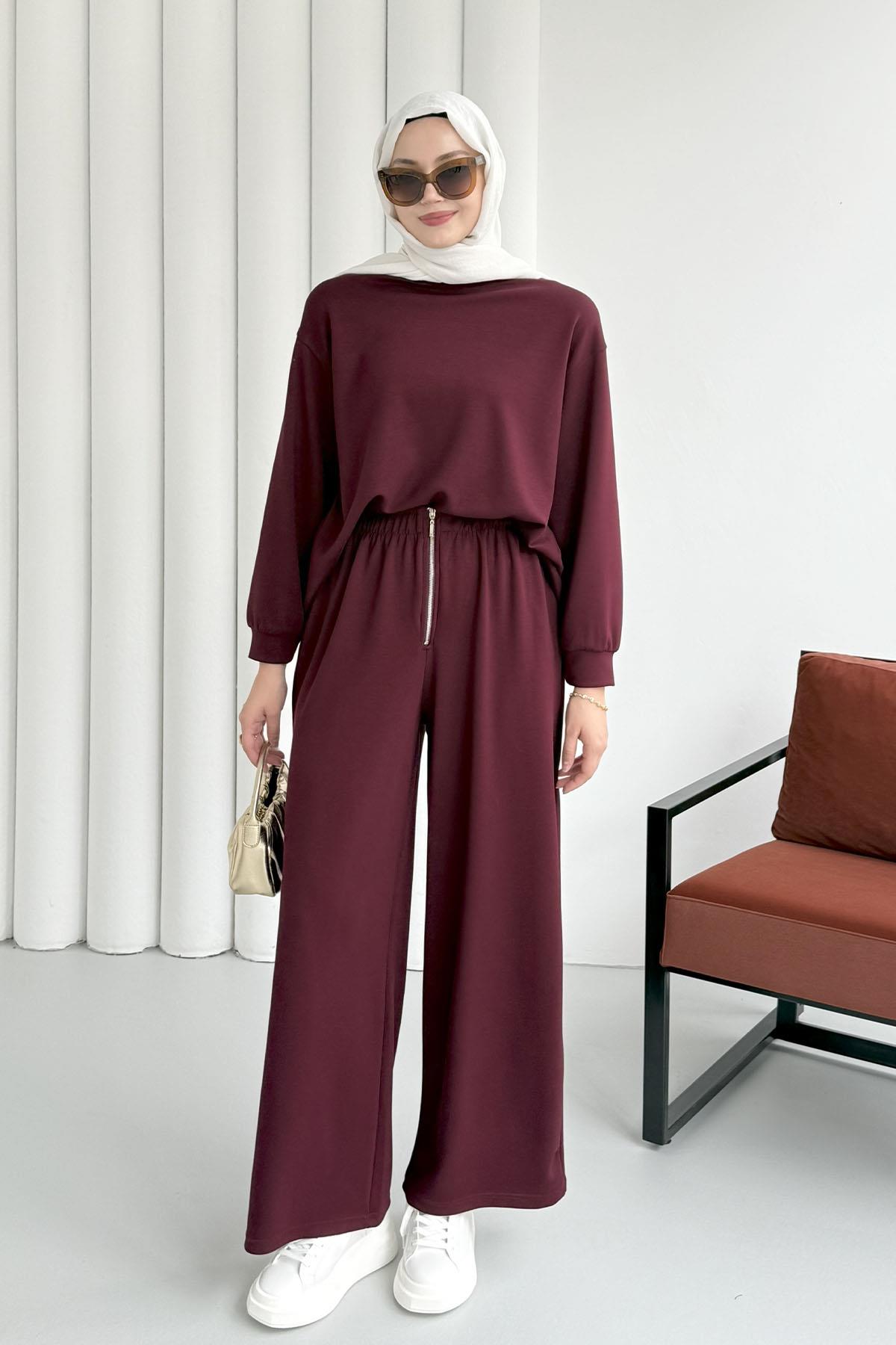 Fermuar Detaylı Pantolonlu Tesettür Takım-BORDO