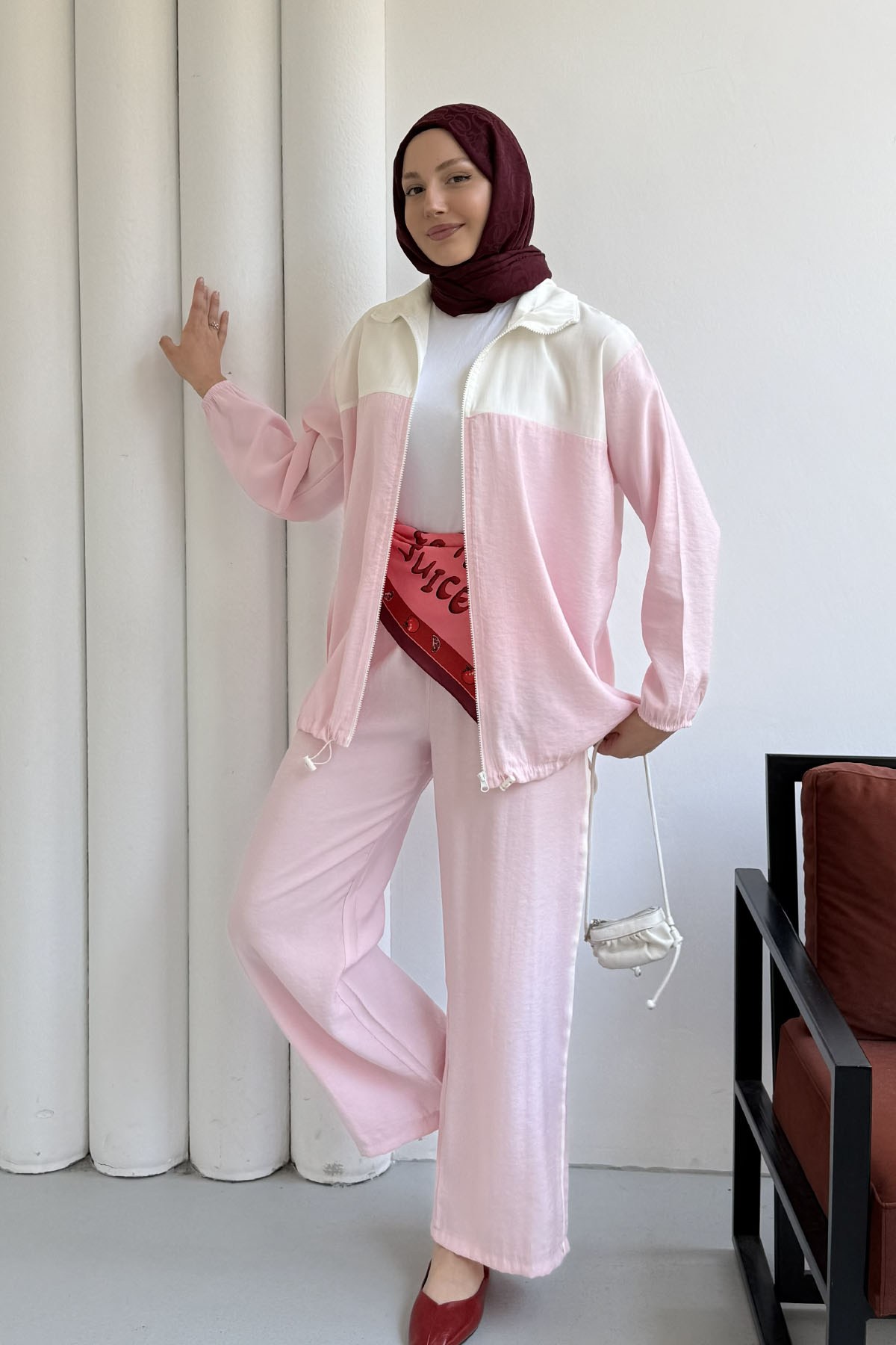 Fermuarlı Üst Garnili Pantolonlu Tesettür Takım-PEMBE