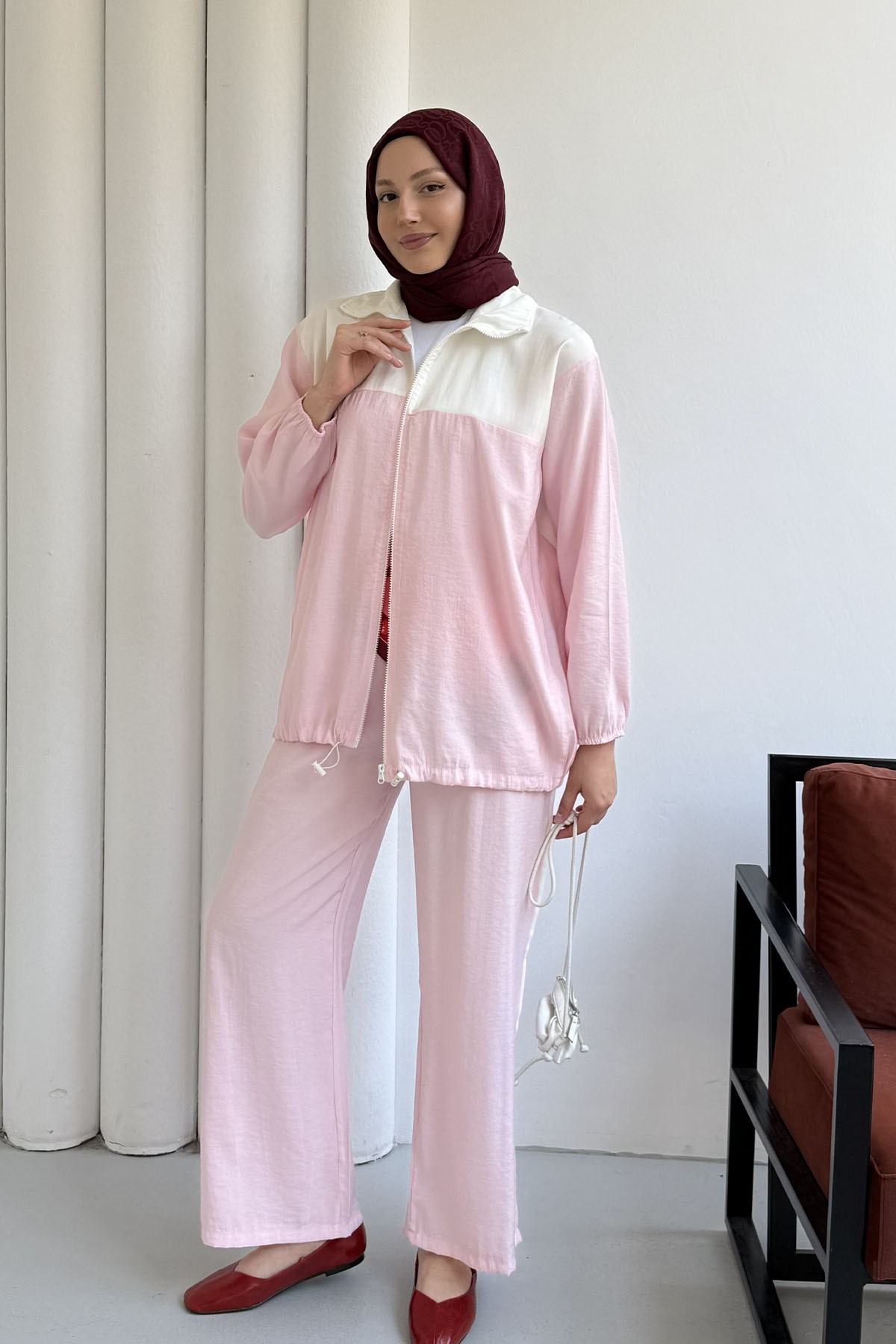 Fermuarlı Üst Garnili Pantolonlu Tesettür Takım-PEMBE
