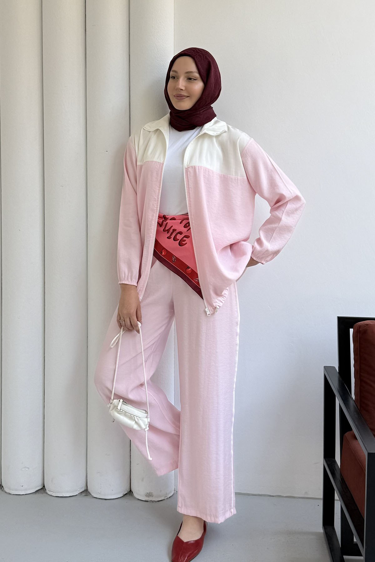 Fermuarlı Üst Garnili Pantolonlu Tesettür Takım-PEMBE