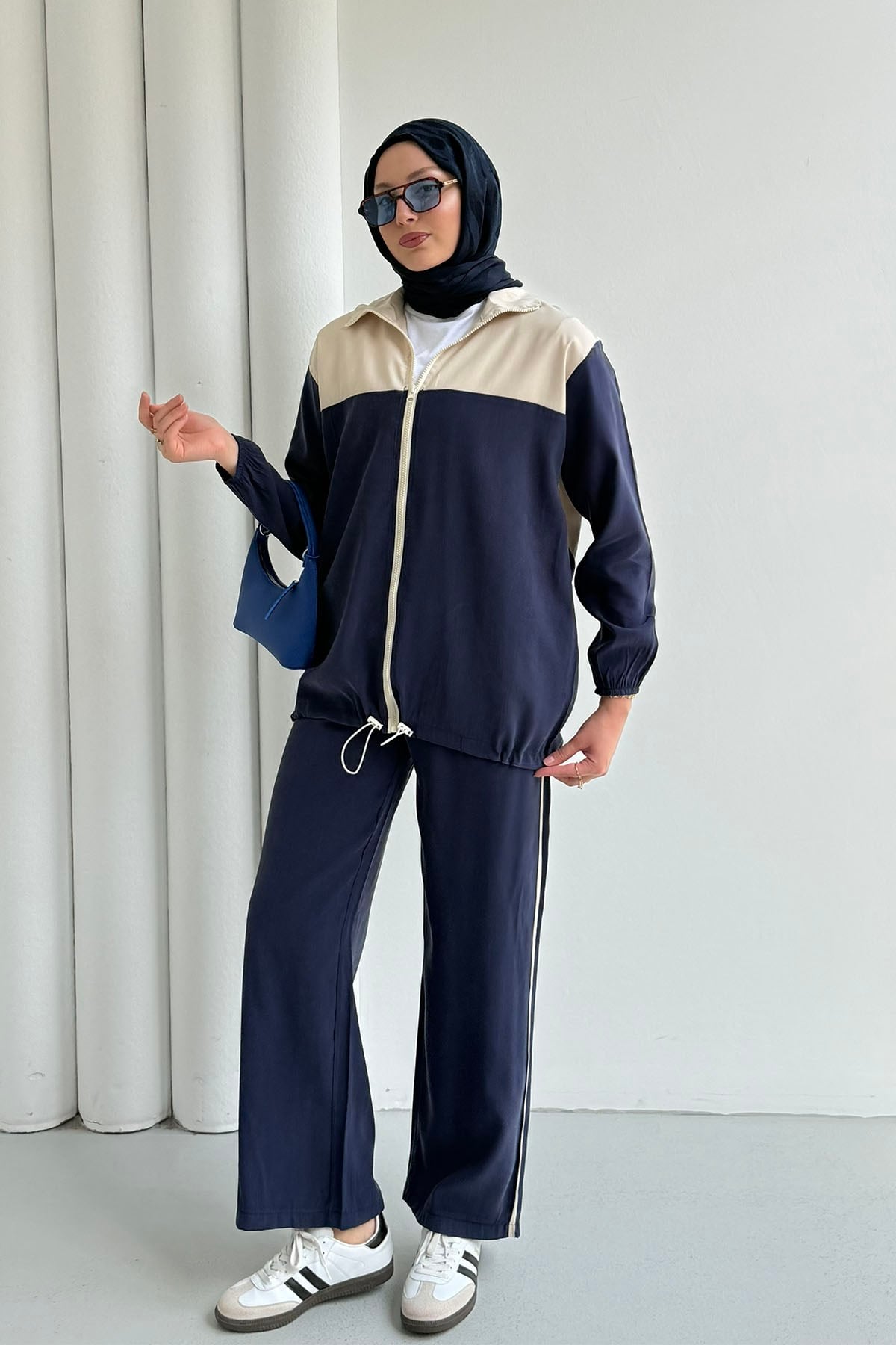 Fermuarlı Üst Garnili Pantolonlu Tesettür Takım-LACİVERT