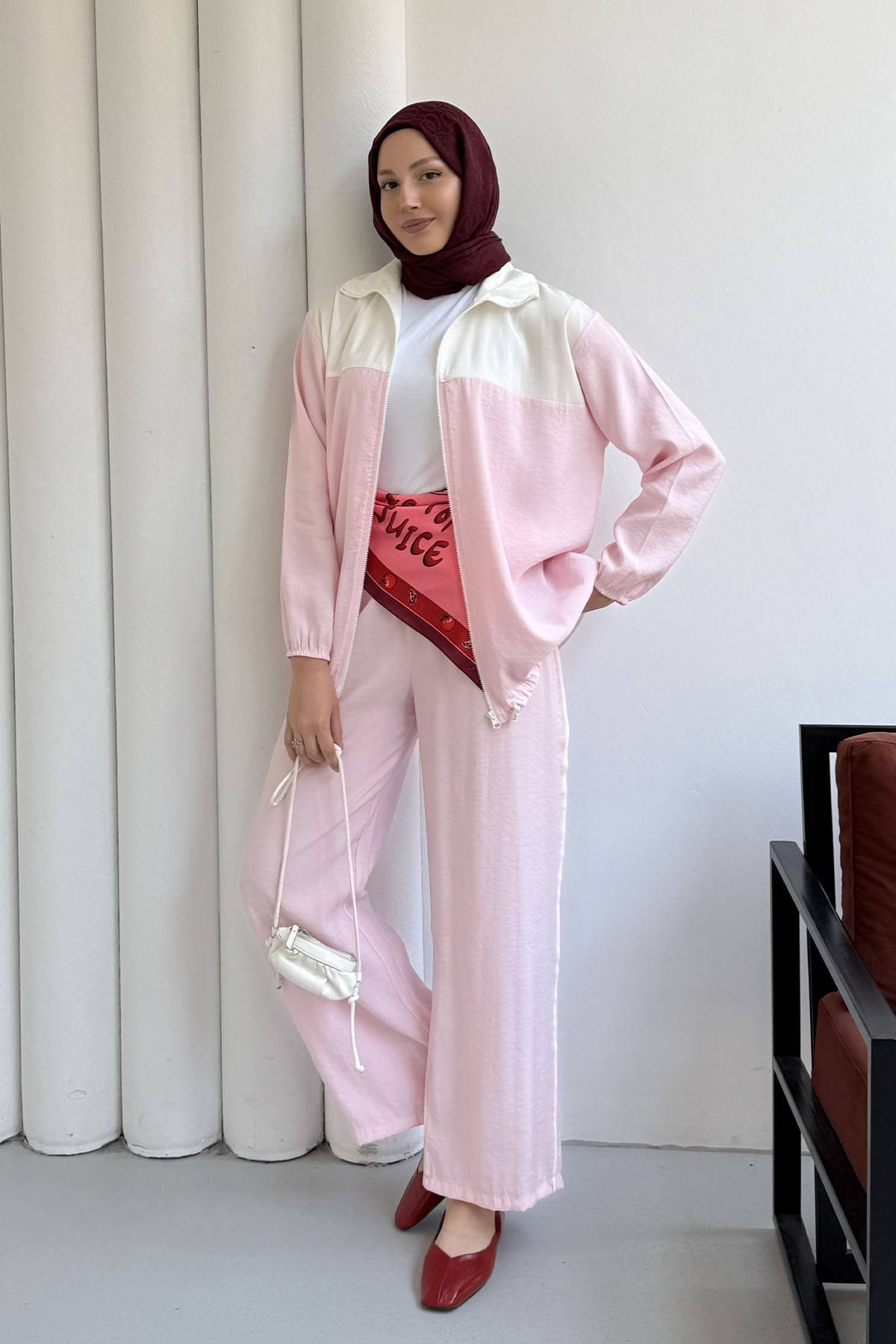 Fermuarlı Üst Garnili Pantolonlu Tesettür Takım-PEMBE