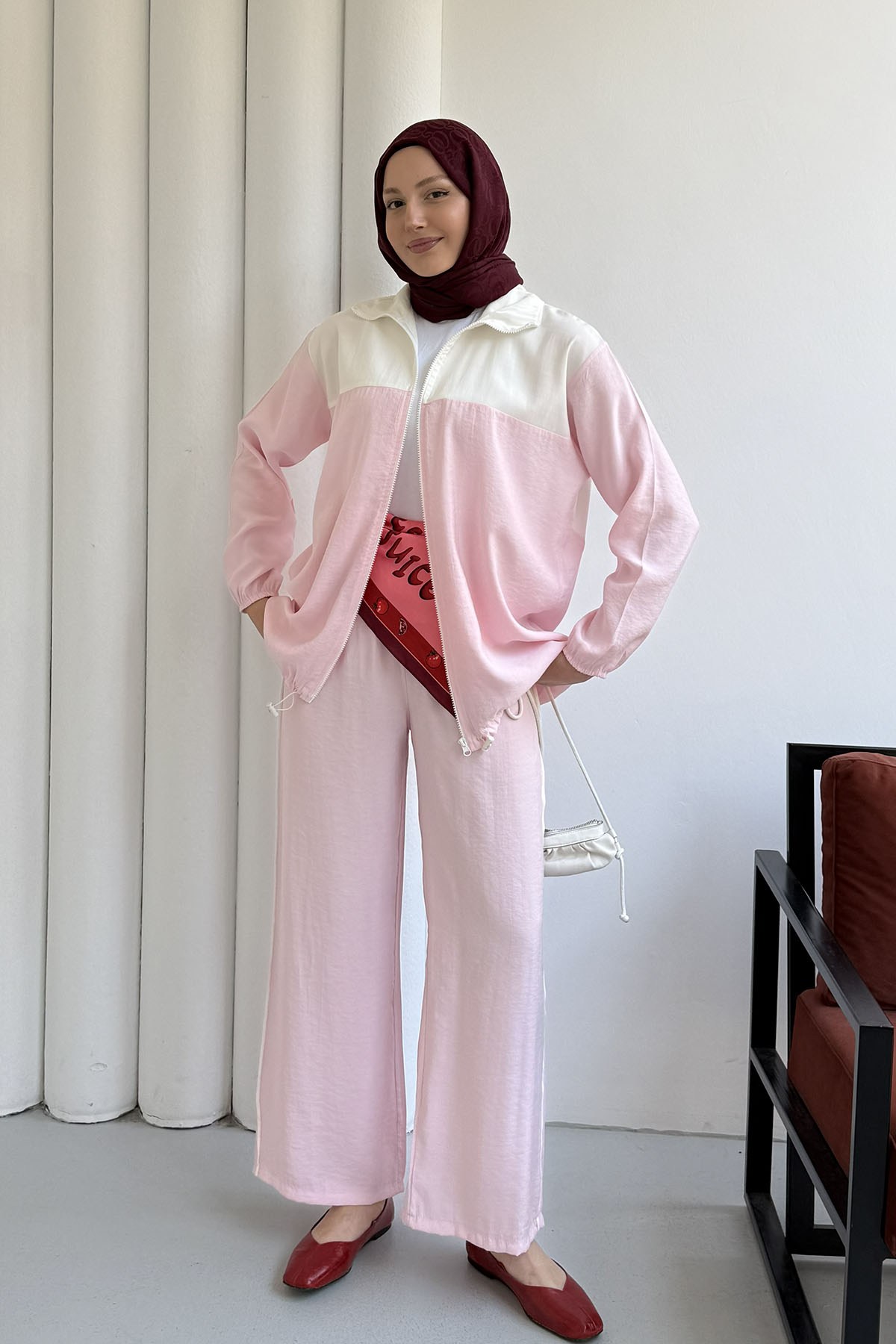 Fermuarlı Üst Garnili Pantolonlu Tesettür Takım-PEMBE