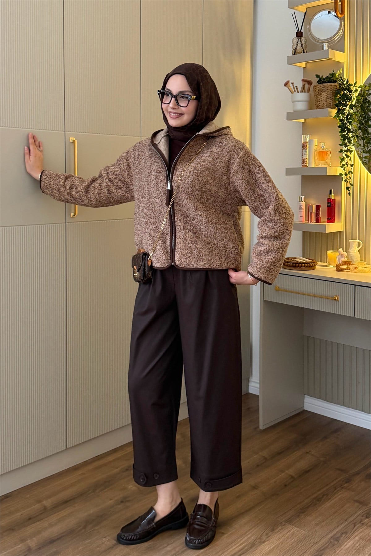 Fermuarlı Yumuşak Dokulu Teddy Sweatshirt-KAHVERENGİ