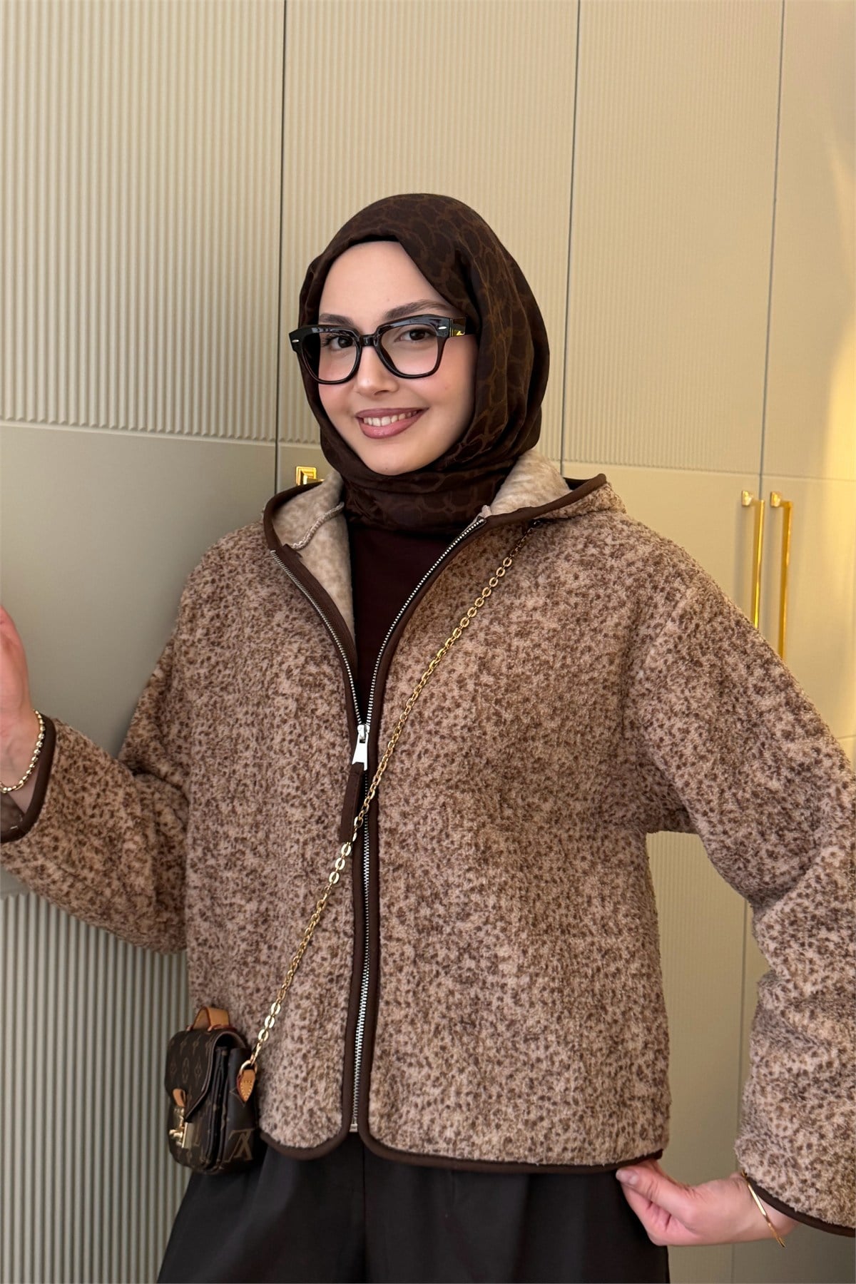 Fermuarlı Yumuşak Dokulu Teddy Sweatshirt-KAHVERENGİ