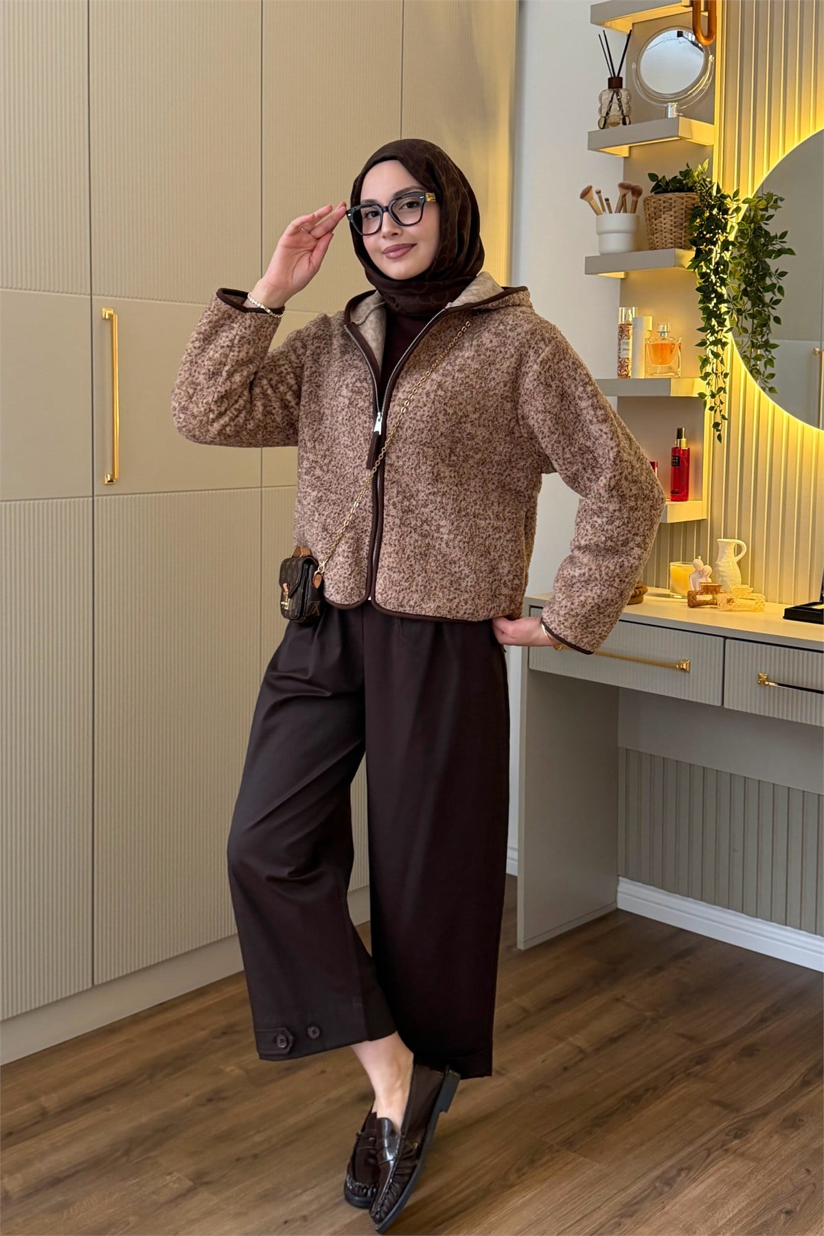 Fermuarlı Yumuşak Dokulu Teddy Sweatshirt-KAHVERENGİ
