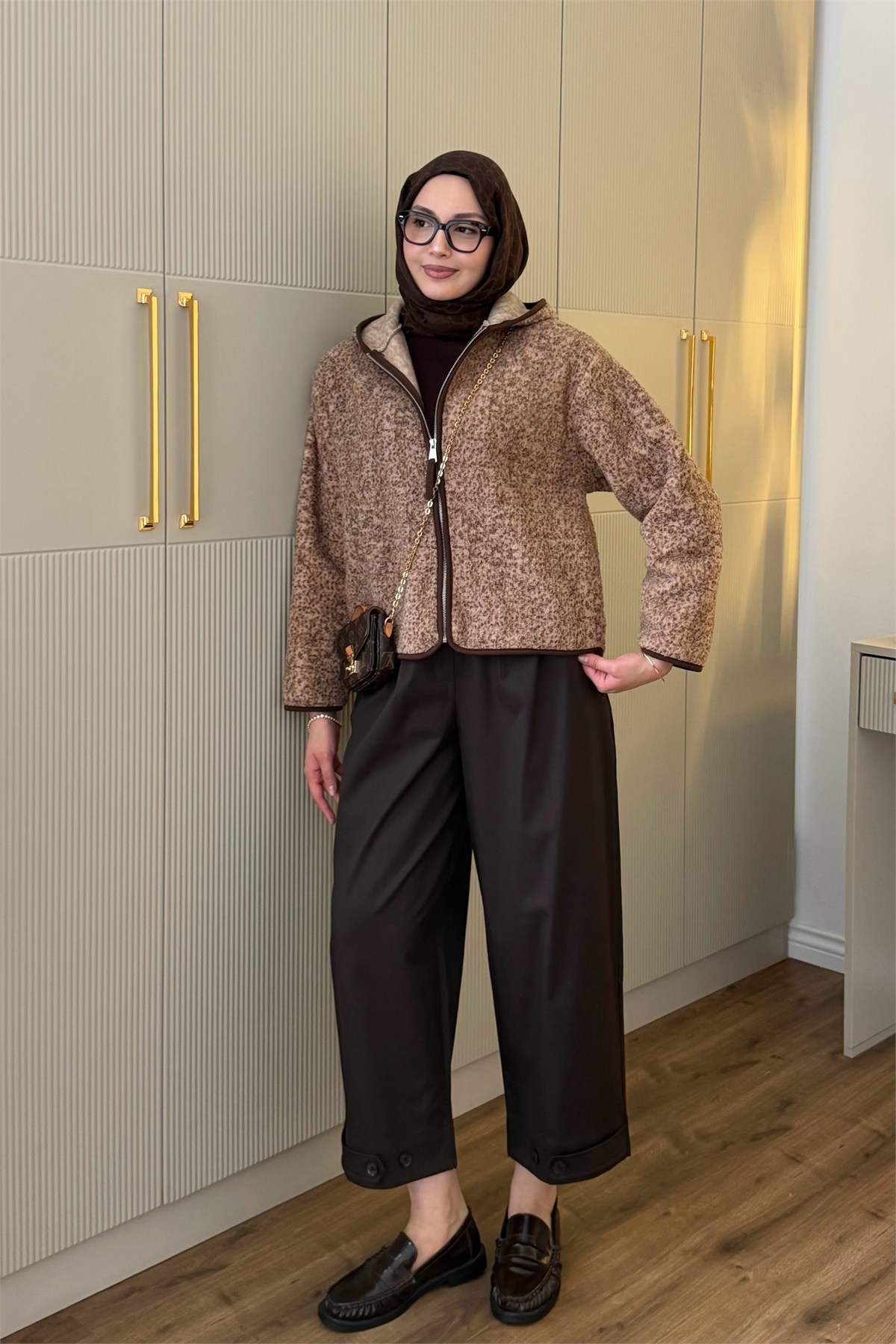 Fermuarlı Yumuşak Dokulu Teddy Sweatshirt-KAHVERENGİ