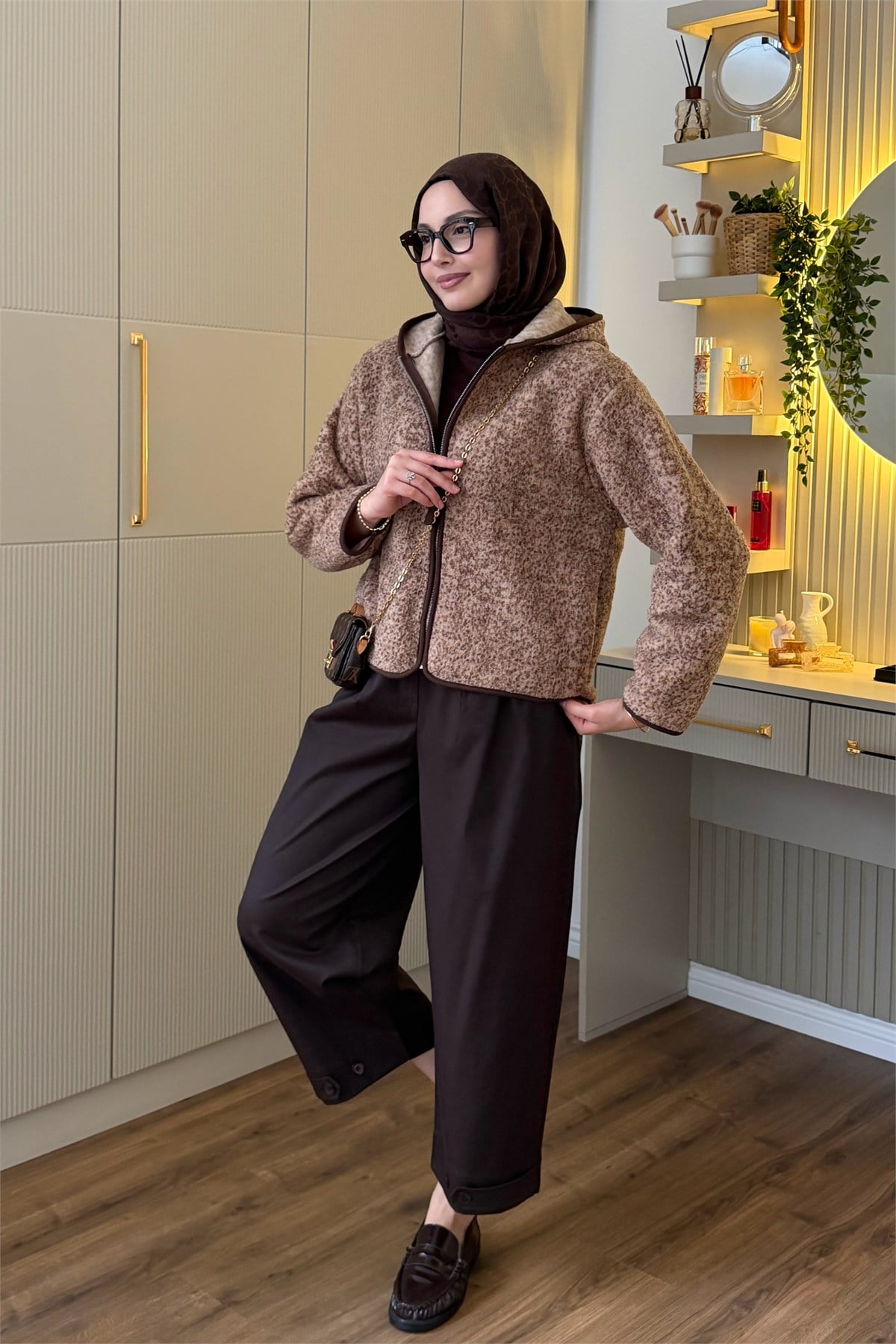 Fermuarlı Yumuşak Dokulu Teddy Sweatshirt-KAHVERENGİ
