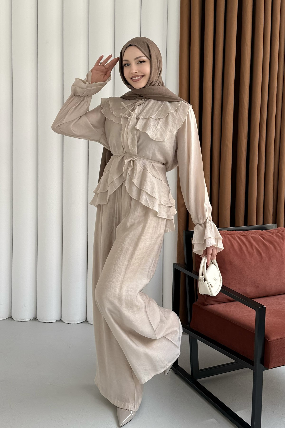 Fırfır Detaylı Bağlamalı Pantolon Tesettür Takım-TAŞ