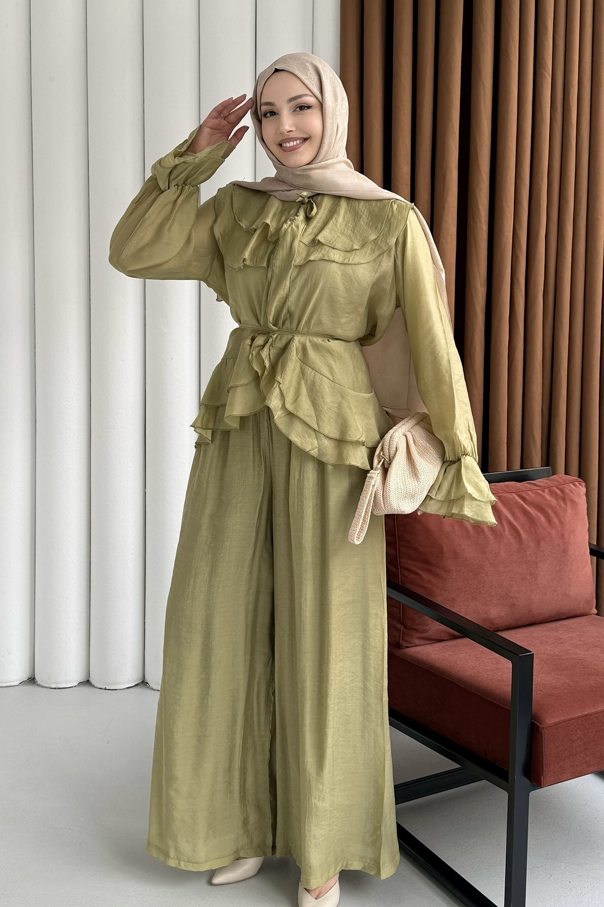 Fırfır Detaylı Bağlamalı Pantolon Tesettür Takım-YAĞ YEŞİLİ