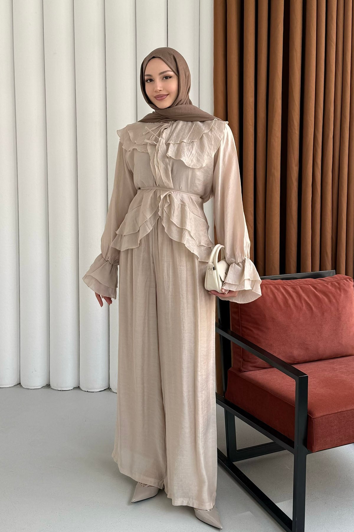 Fırfır Detaylı Bağlamalı Pantolon Tesettür Takım-TAŞ