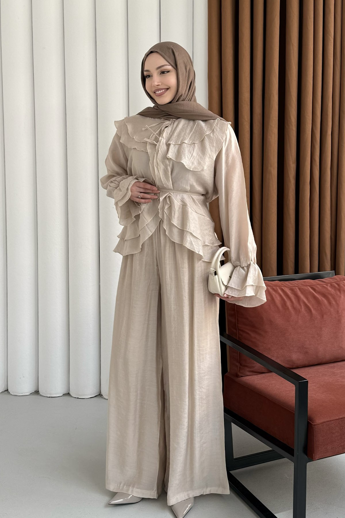 Fırfır Detaylı Bağlamalı Pantolon Tesettür Takım-TAŞ