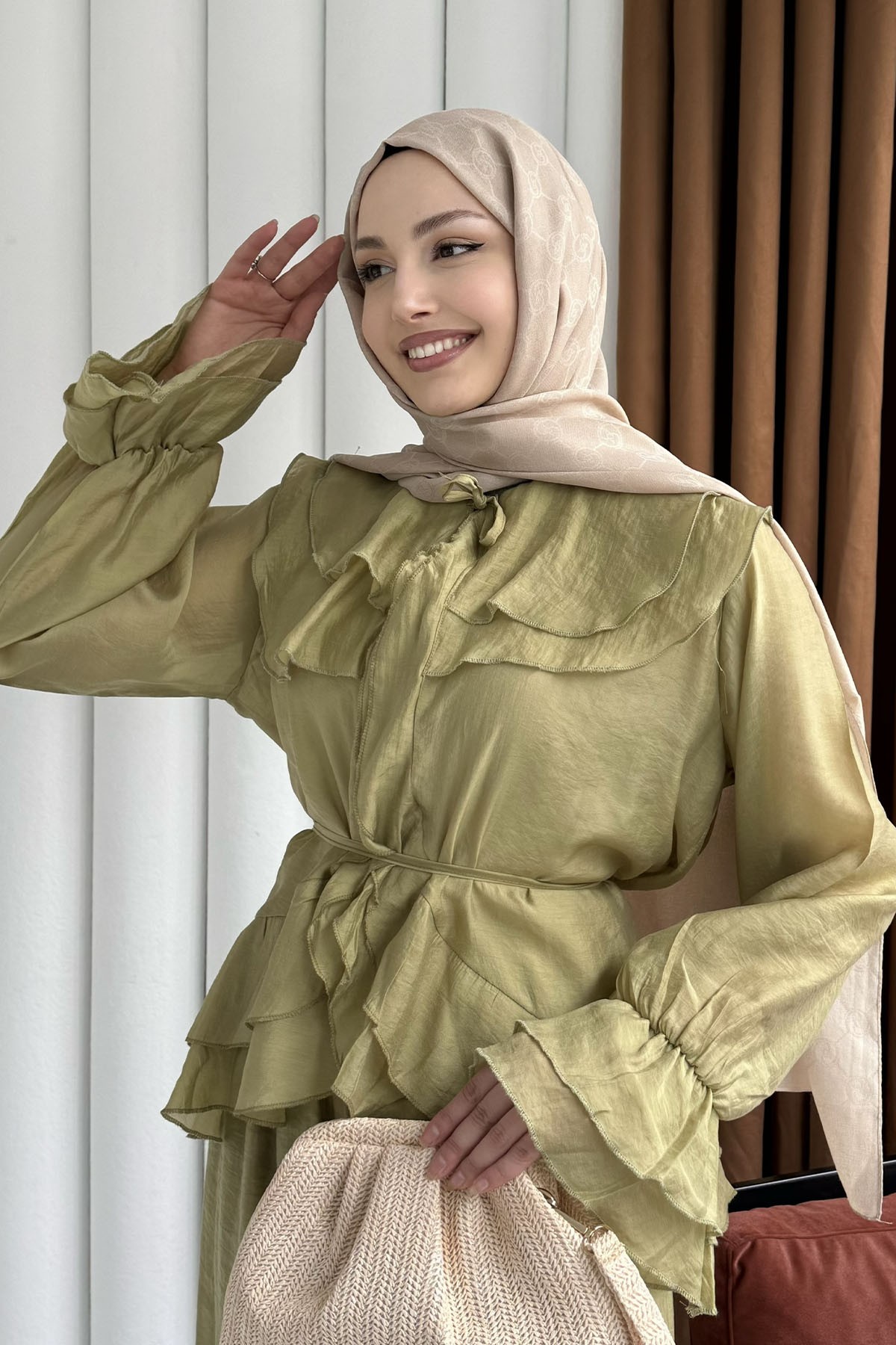 Fırfır Detaylı Bağlamalı Pantolon Tesettür Takım-YAĞ YEŞİLİ