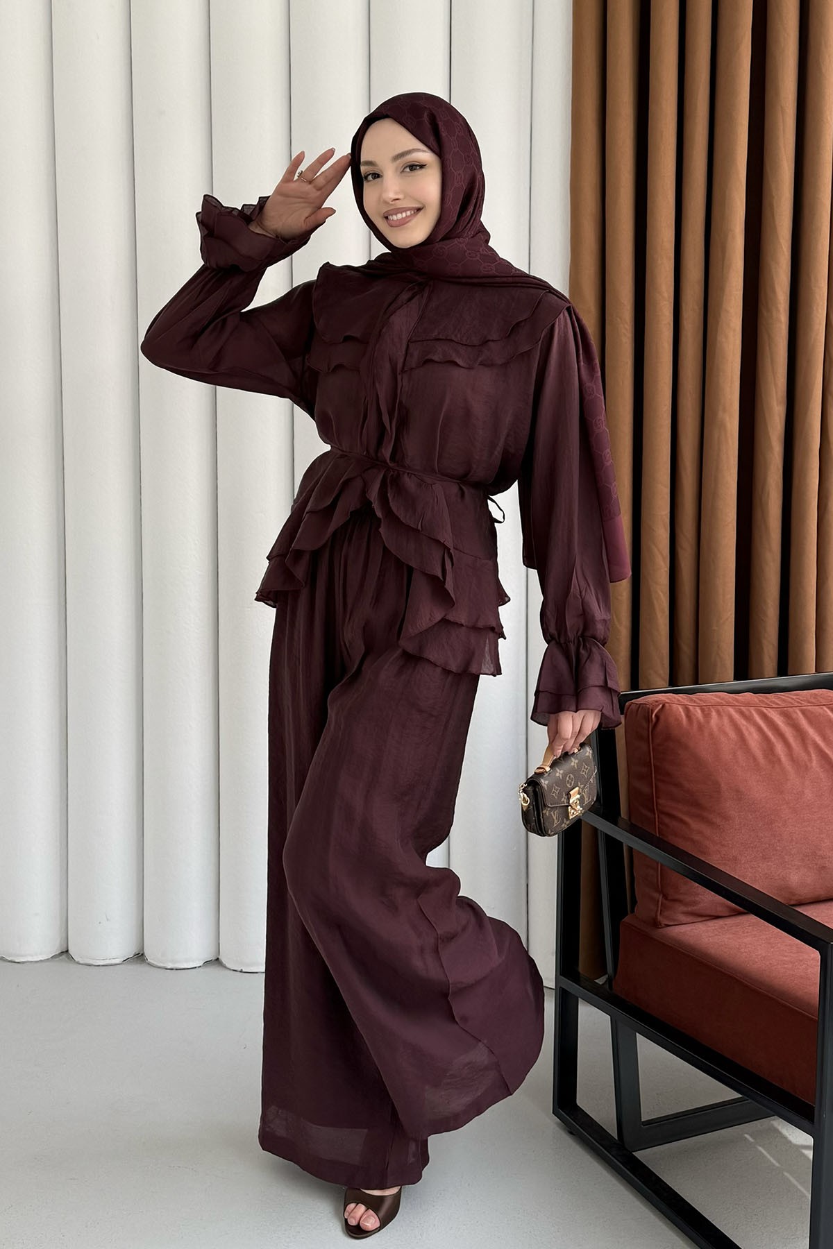 Fırfır Detaylı Bağlamalı Pantolon Tesettür Takım-BORDO