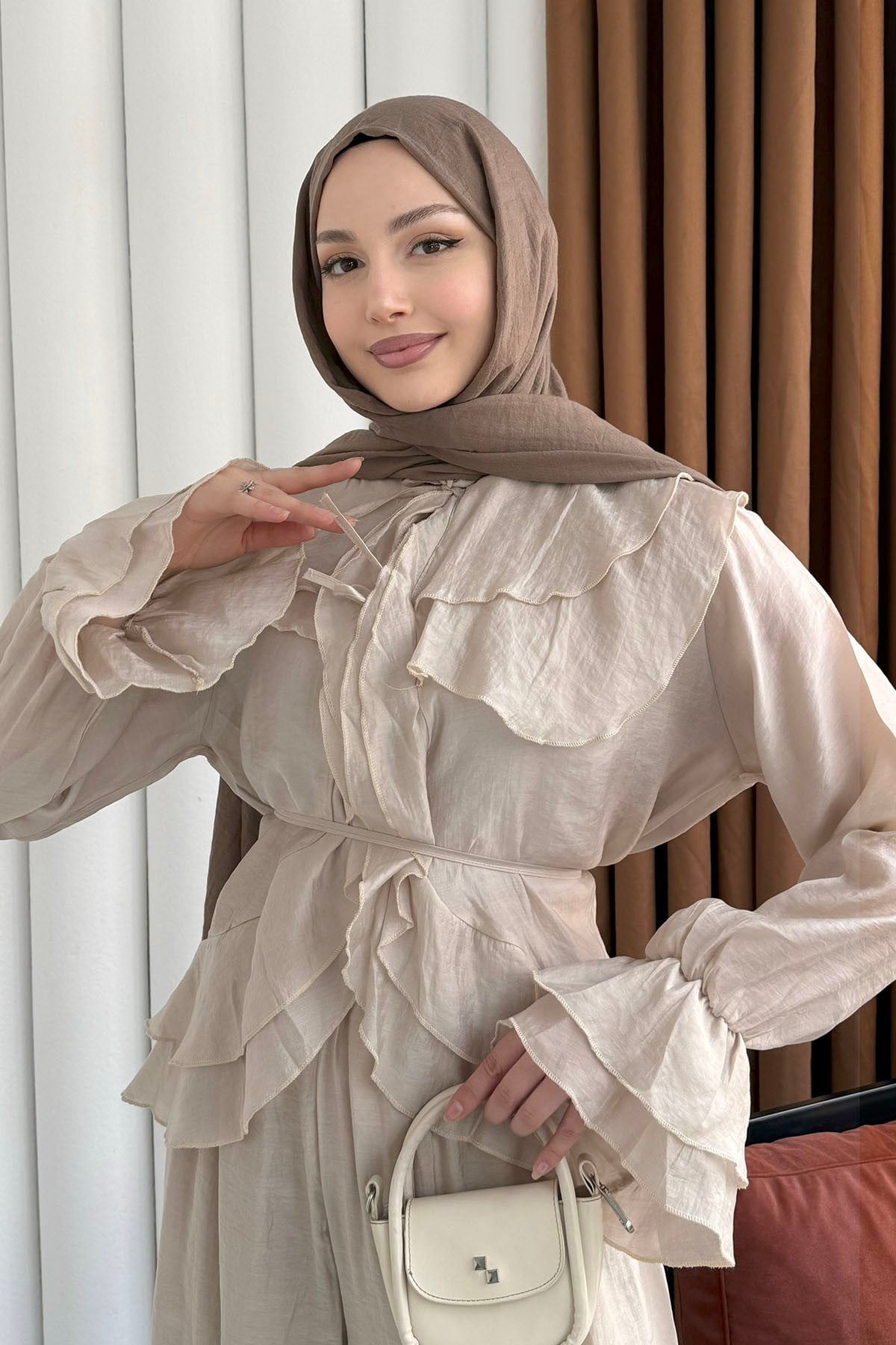 Fırfır Detaylı Bağlamalı Pantolon Tesettür Takım-TAŞ