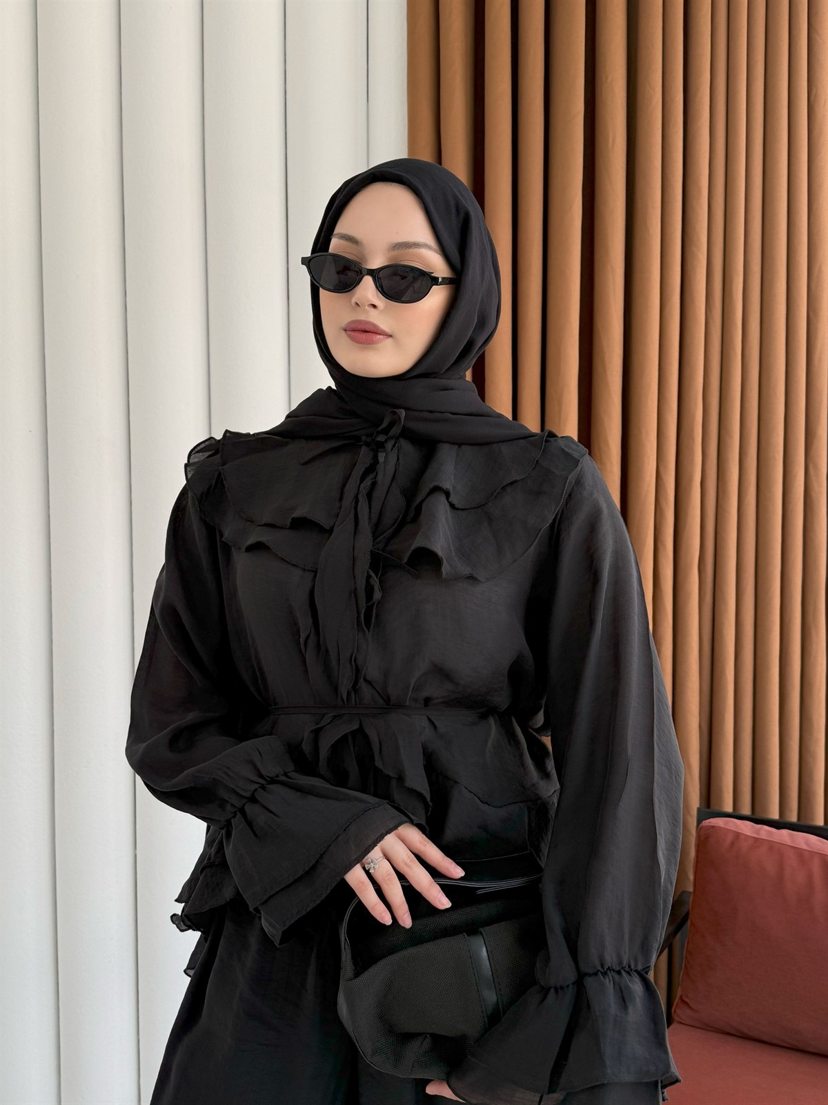 Fırfır Detaylı Bağlamalı Pantolon Tesettür Takım-SİYAH