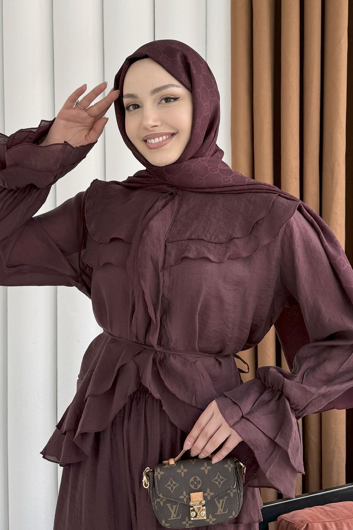 Fırfır Detaylı Bağlamalı Pantolon Tesettür Takım-BORDO