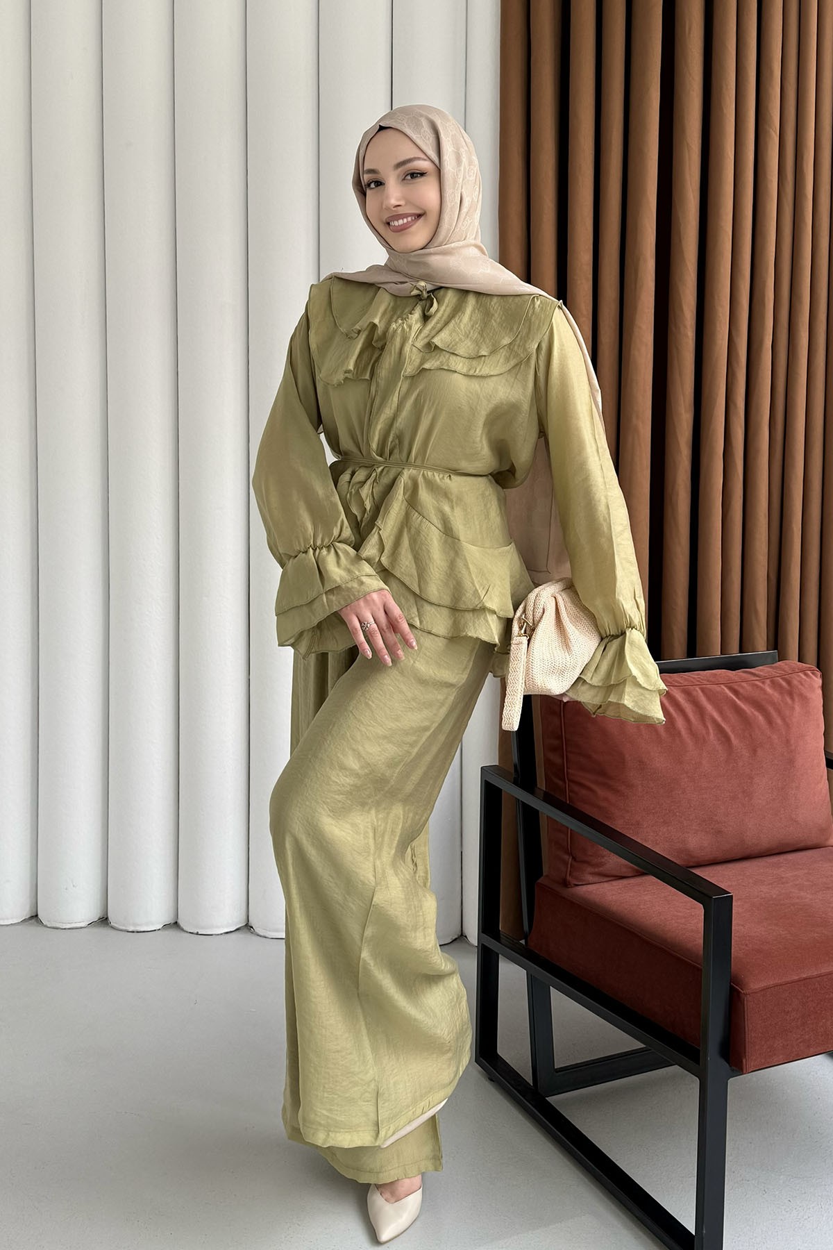 Fırfır Detaylı Bağlamalı Pantolon Tesettür Takım-YAĞ YEŞİLİ