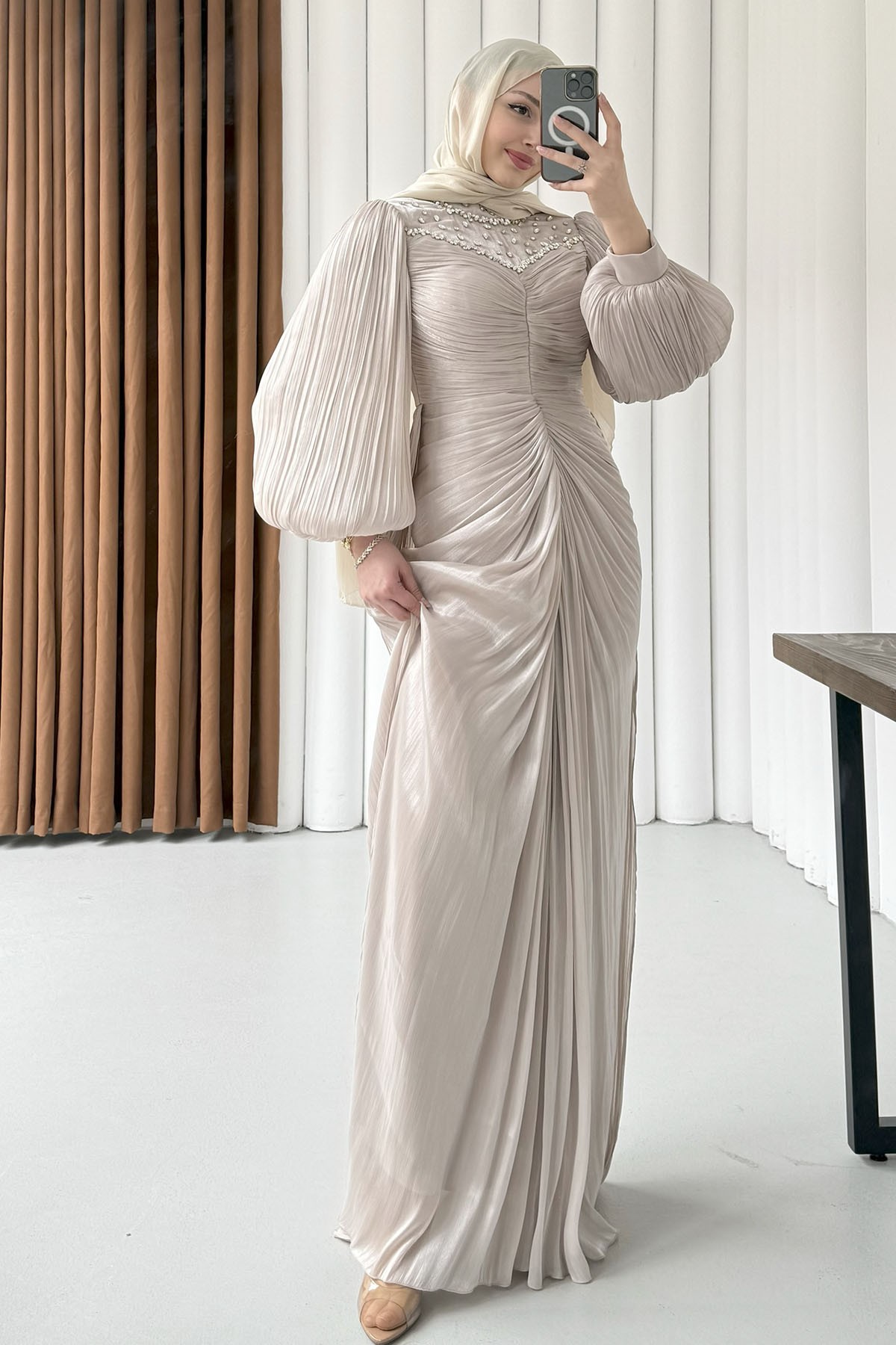 Florenza Önü Taşlı Büzgülü Tesettür Abiye-TAŞ