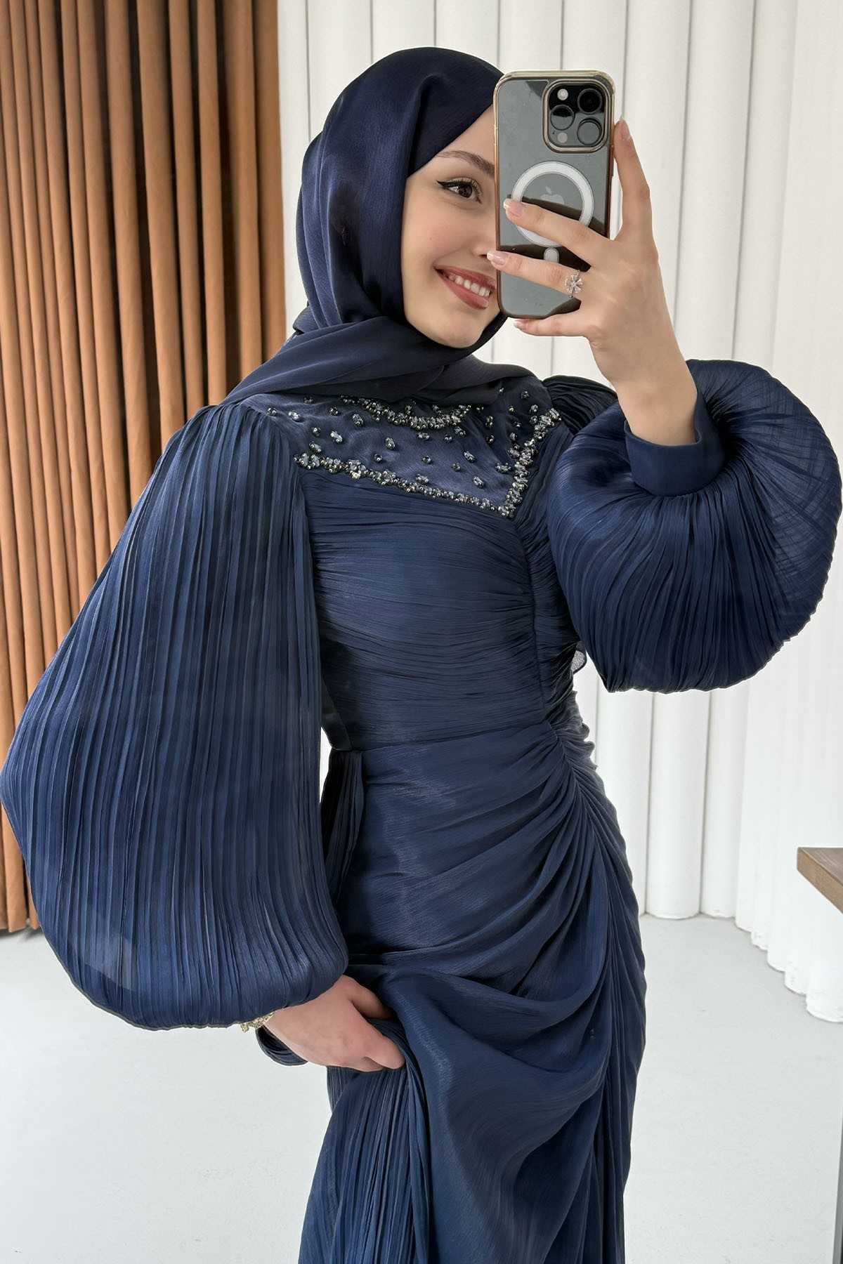 Florenza Önü Taşlı Büzgülü Tesettür Abiye-LACİVERT