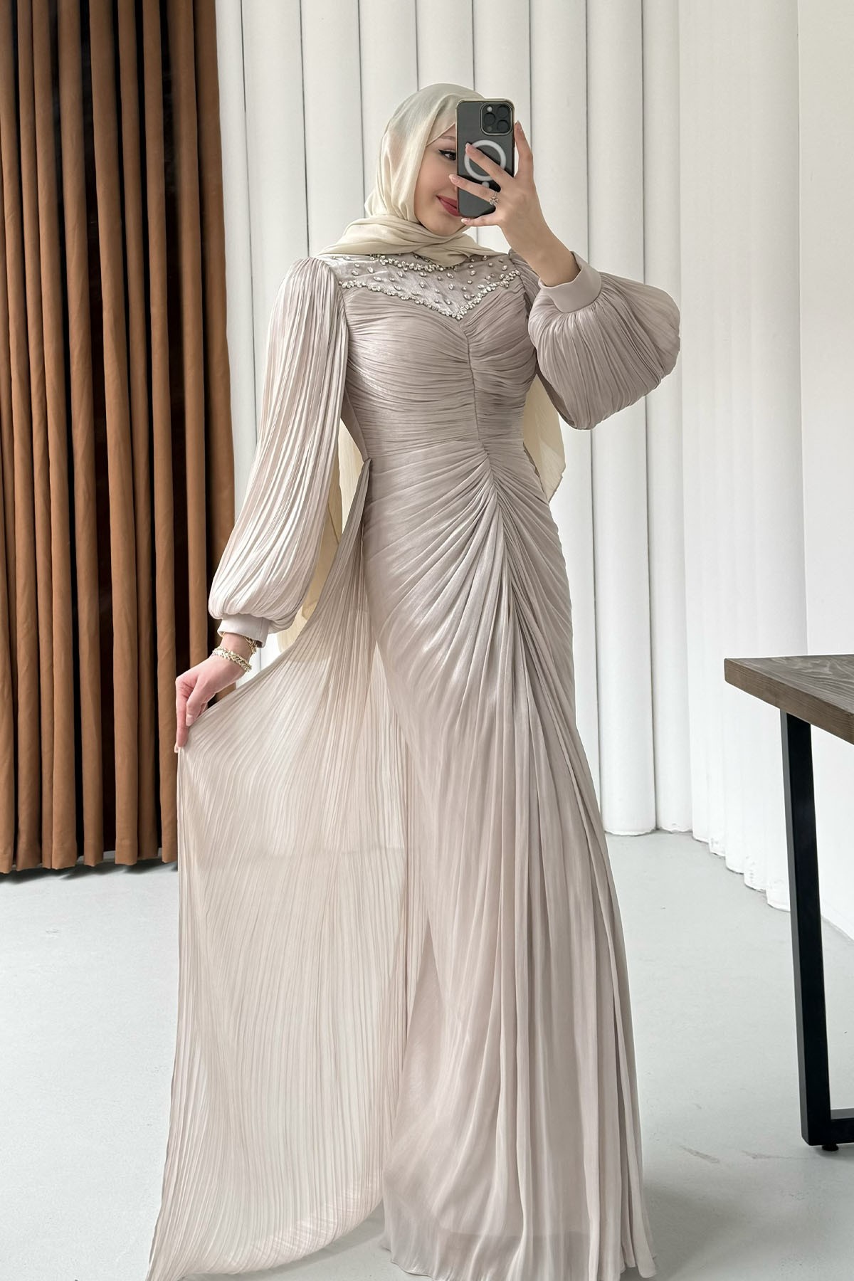 Florenza Önü Taşlı Büzgülü Tesettür Abiye-TAŞ