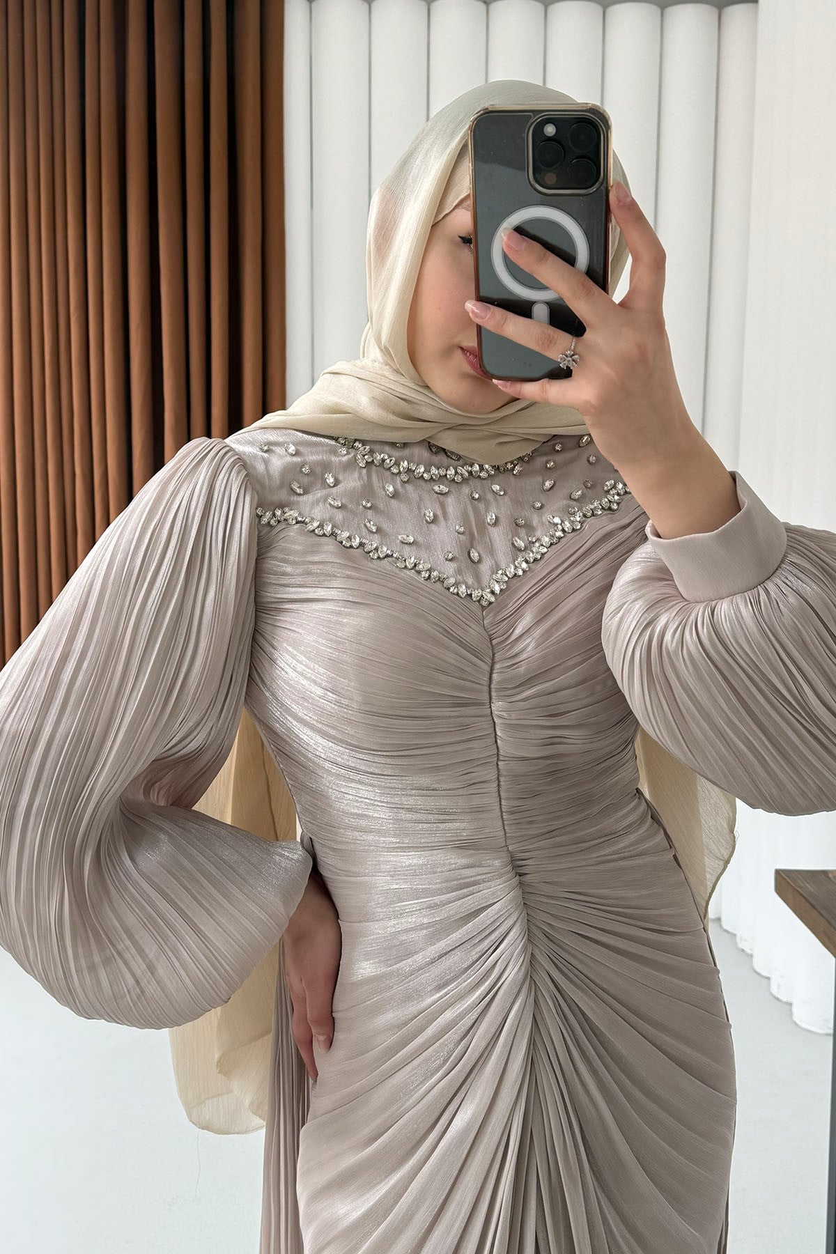 Florenza Önü Taşlı Büzgülü Tesettür Abiye-TAŞ