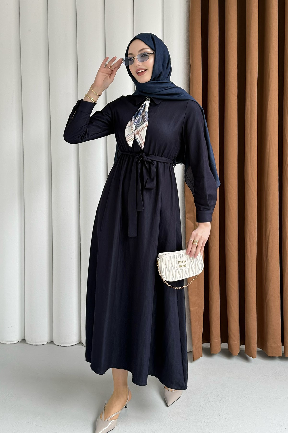 Fular Detaylı Beli Lastikli Denim Tesettür Elbise-KOYU MAVİ