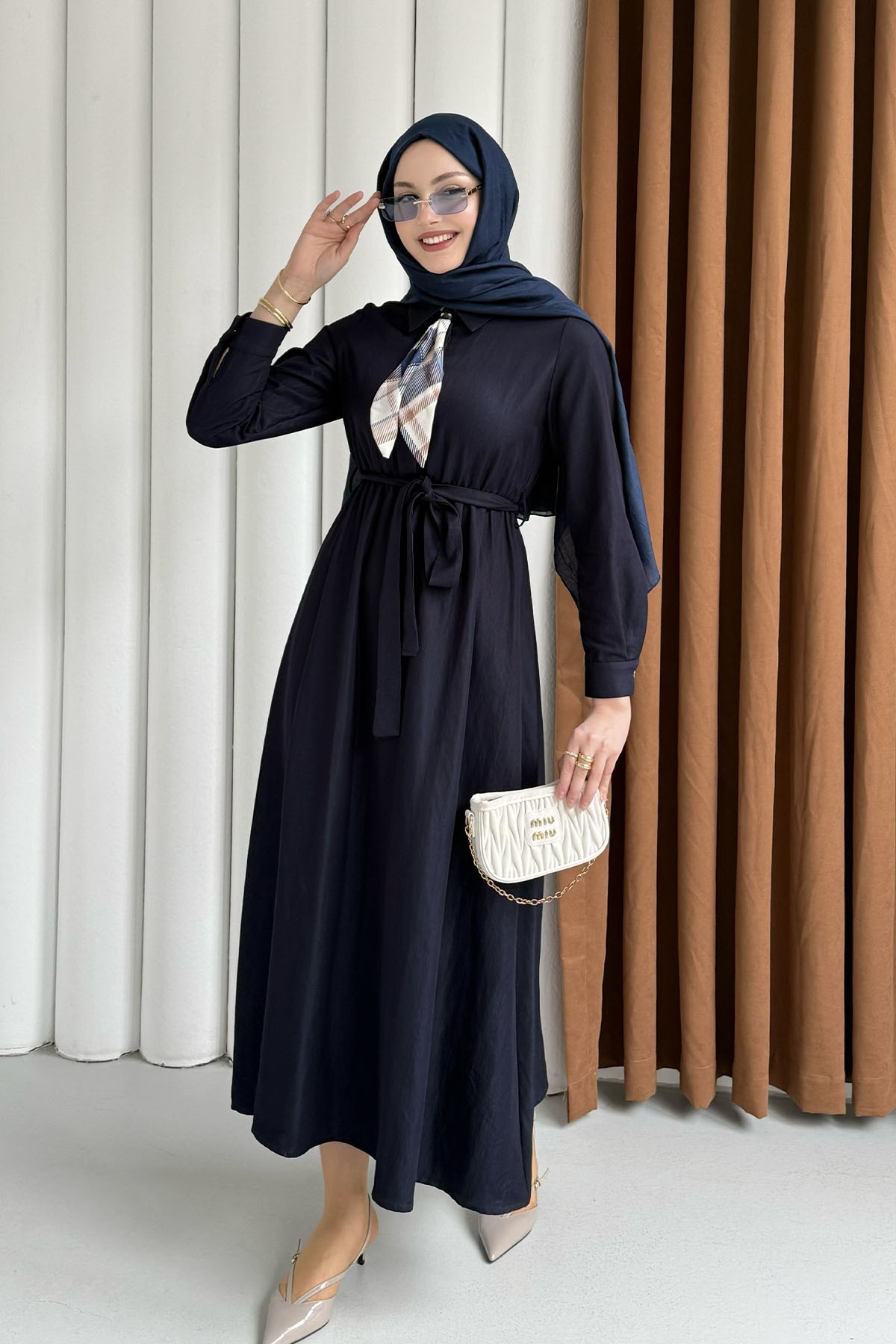 Fular Detaylı Beli Lastikli Denim Tesettür Elbise-KOYU MAVİ