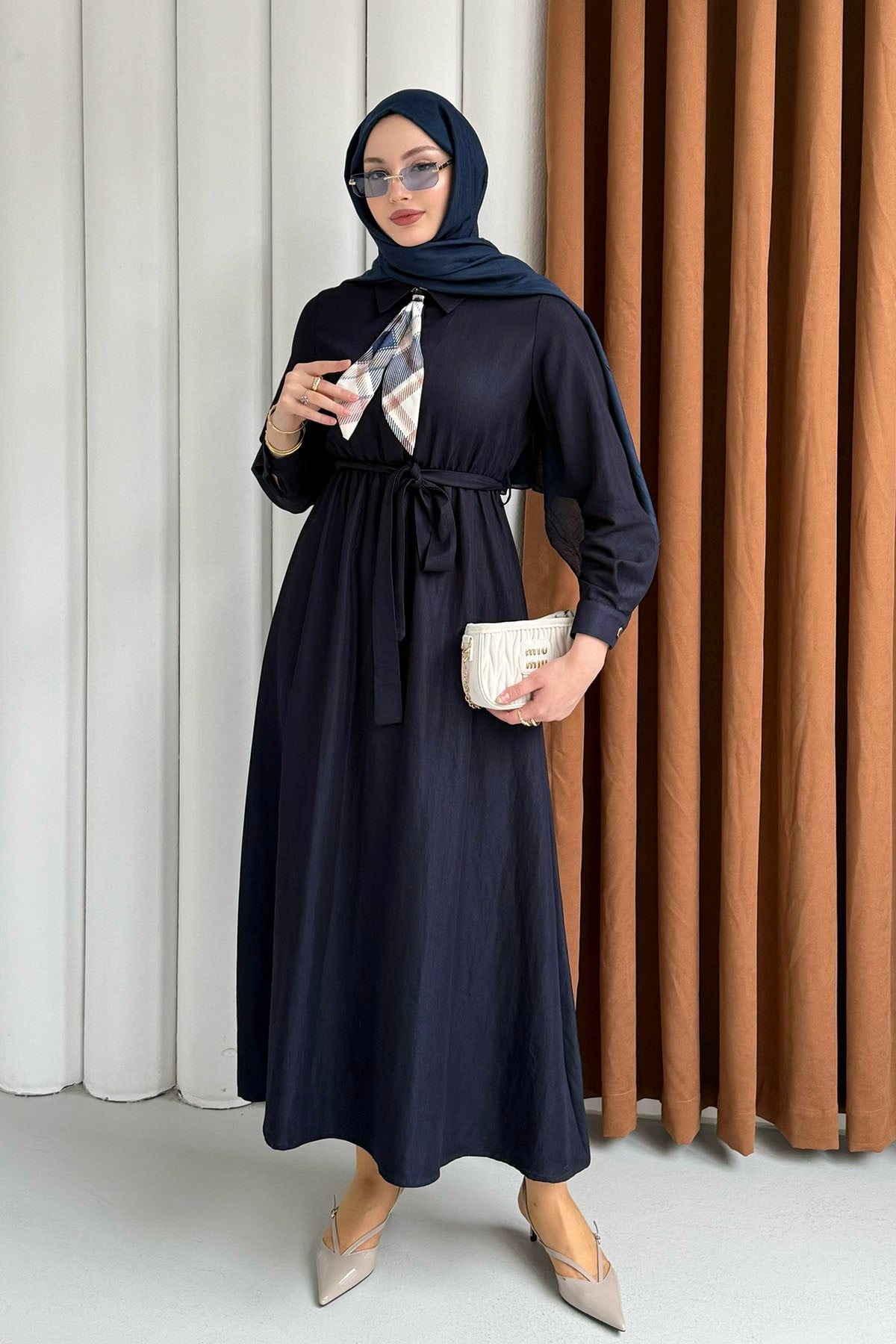 Fular Detaylı Beli Lastikli Denim Tesettür Elbise-KOYU MAVİ