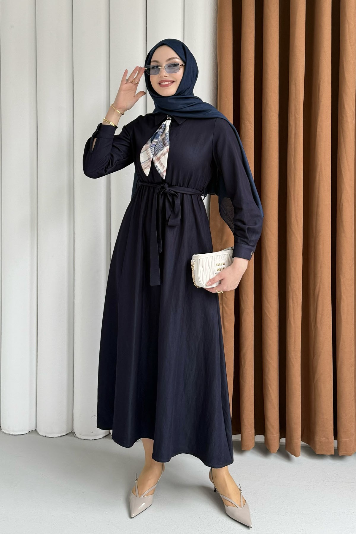 Fular Detaylı Beli Lastikli Denim Tesettür Elbise-KOYU MAVİ