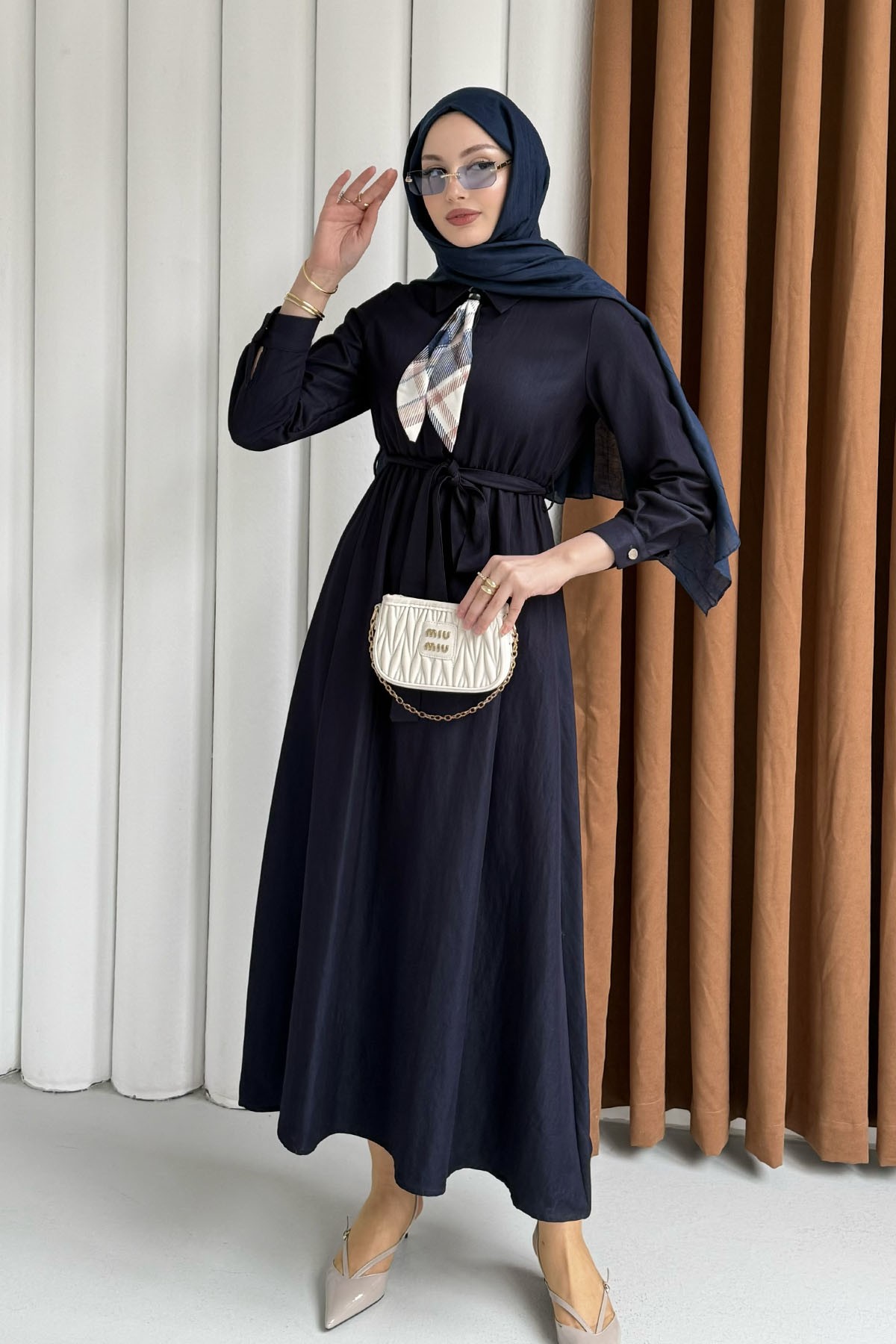 Fular Detaylı Beli Lastikli Denim Tesettür Elbise-KOYU MAVİ