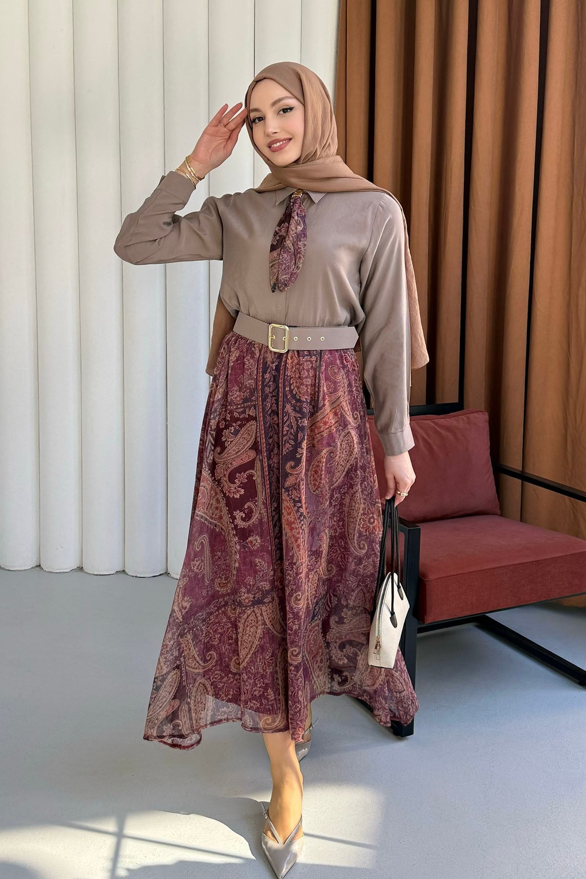 Fular Detaylı Şifon Etekli Tesettür Takım-VİZON