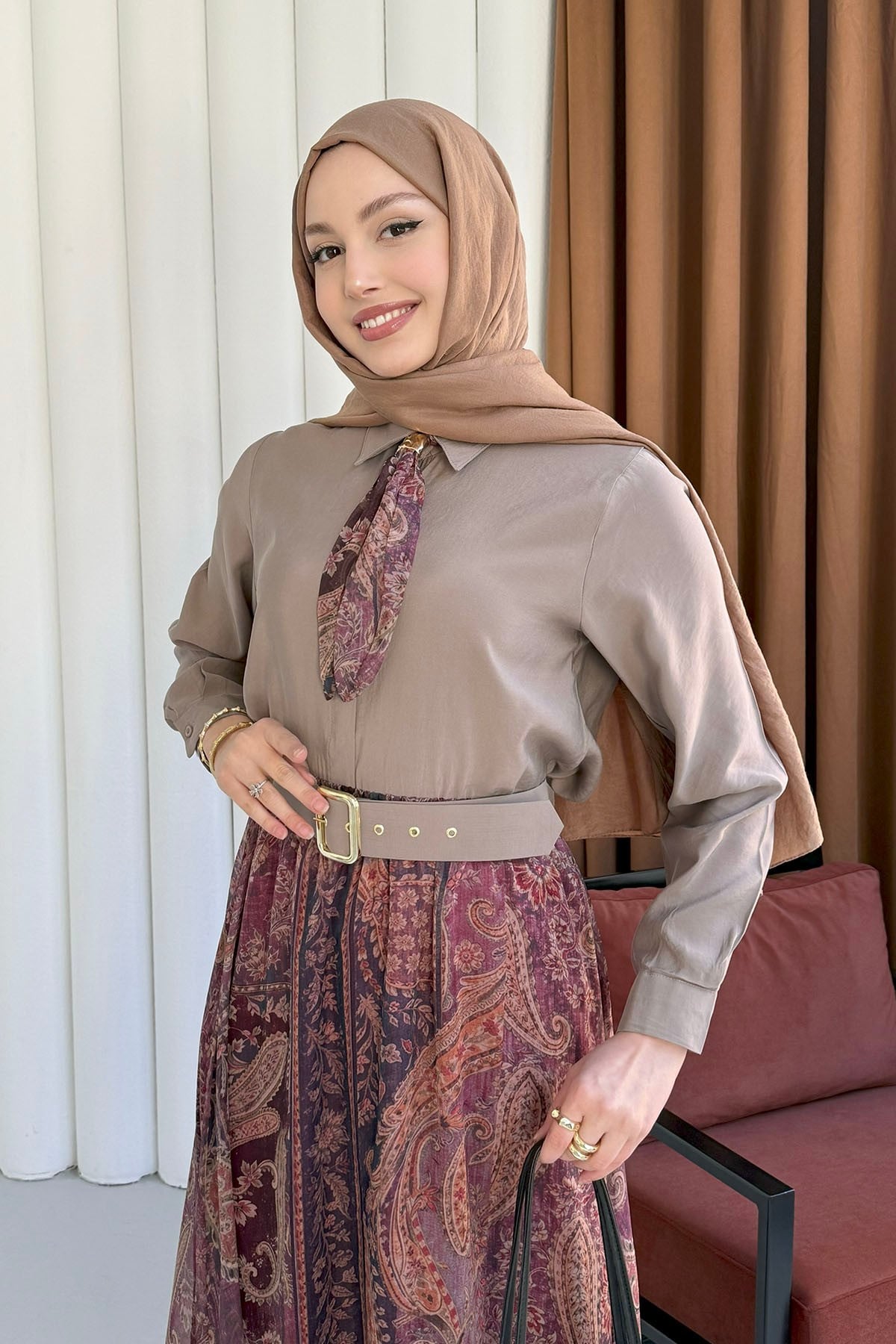 Fular Detaylı Şifon Etekli Tesettür Takım-VİZON