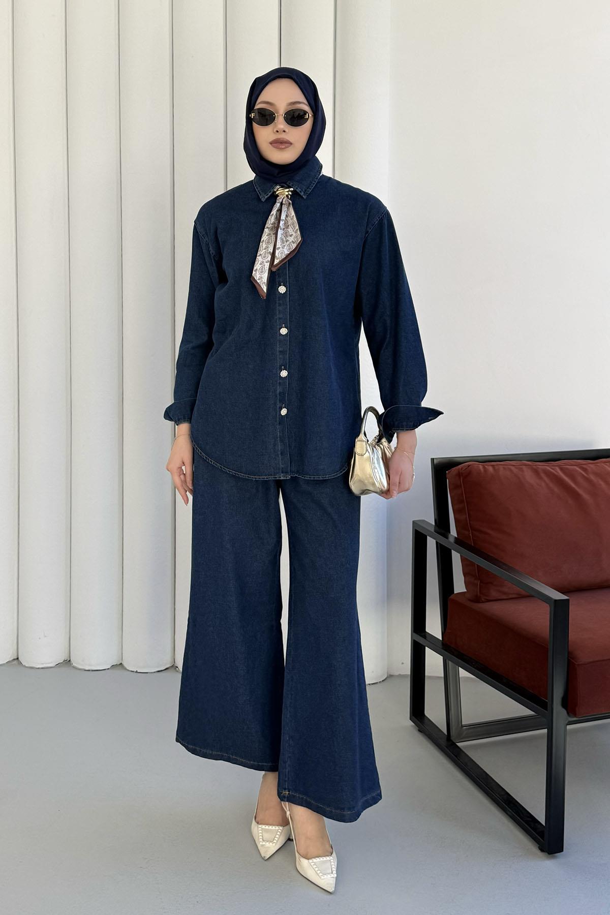 Fularlı Düğme Detaylı Denim Tesettür Takım-MAVİ