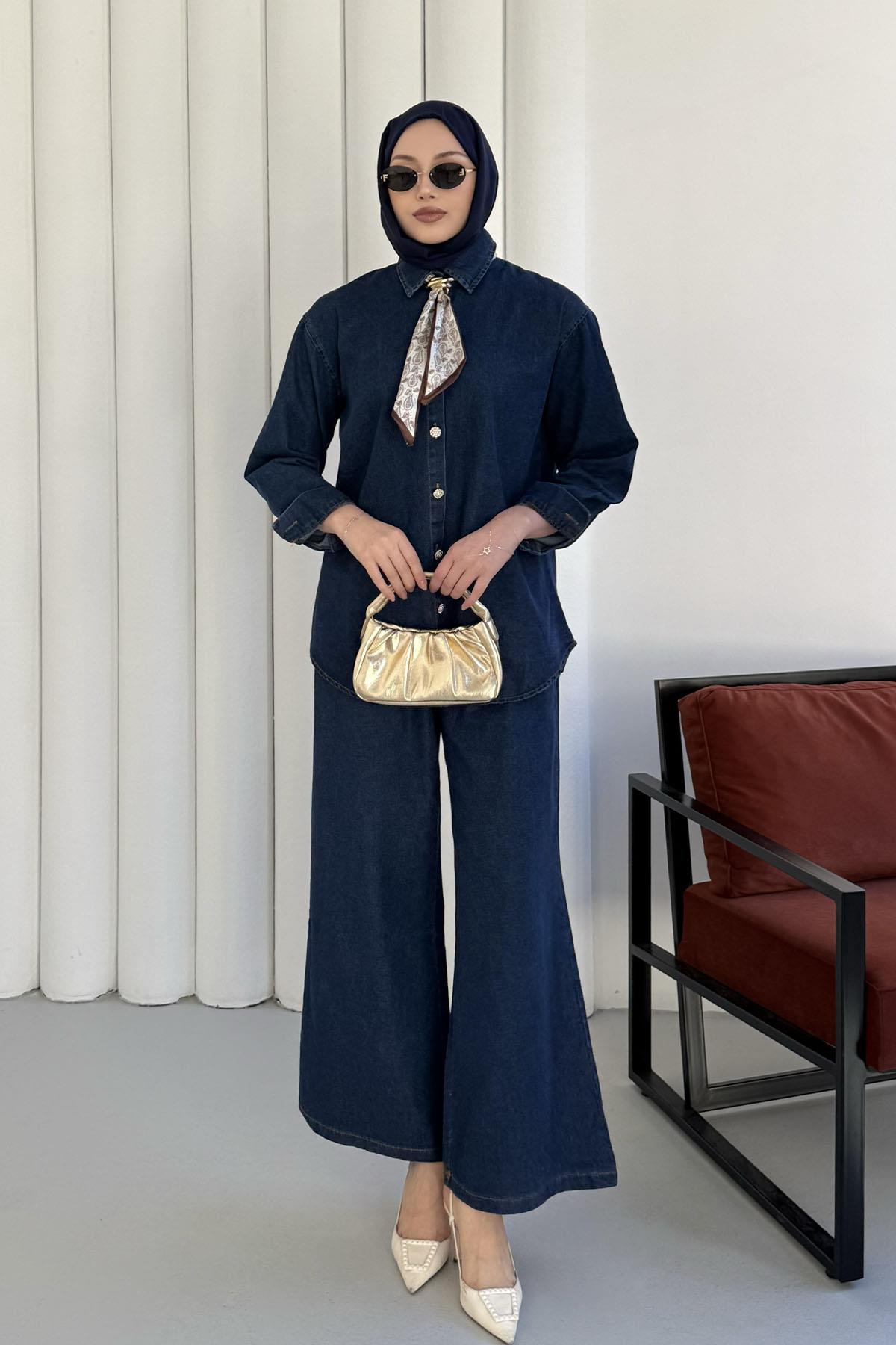 Fularlı Düğme Detaylı Denim Tesettür Takım-MAVİ