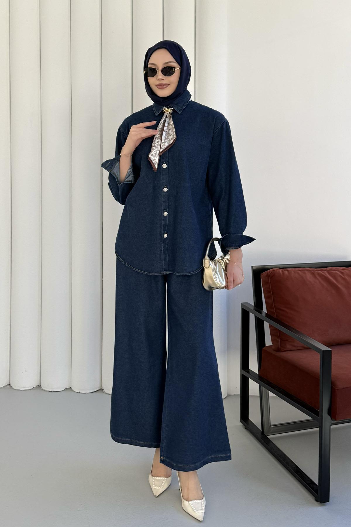 Fularlı Düğme Detaylı Denim Tesettür Takım-MAVİ