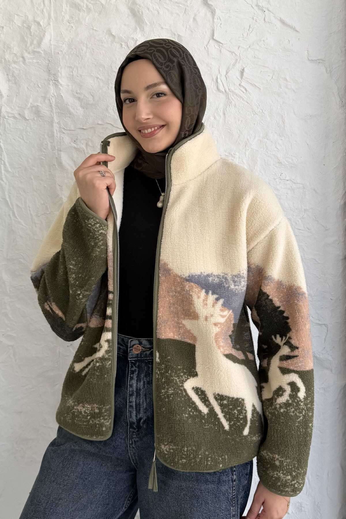 Geyik Desenli Fermuarlı Polar Sweatshirt-EKRU