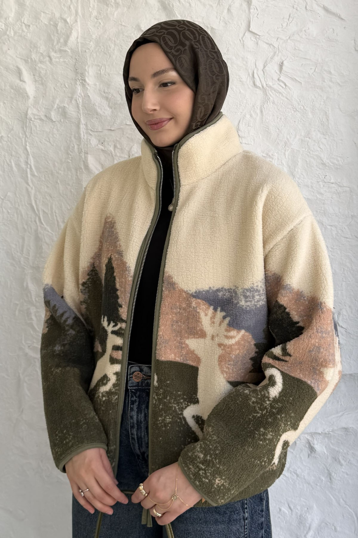 Geyik Desenli Fermuarlı Polar Sweatshirt-EKRU