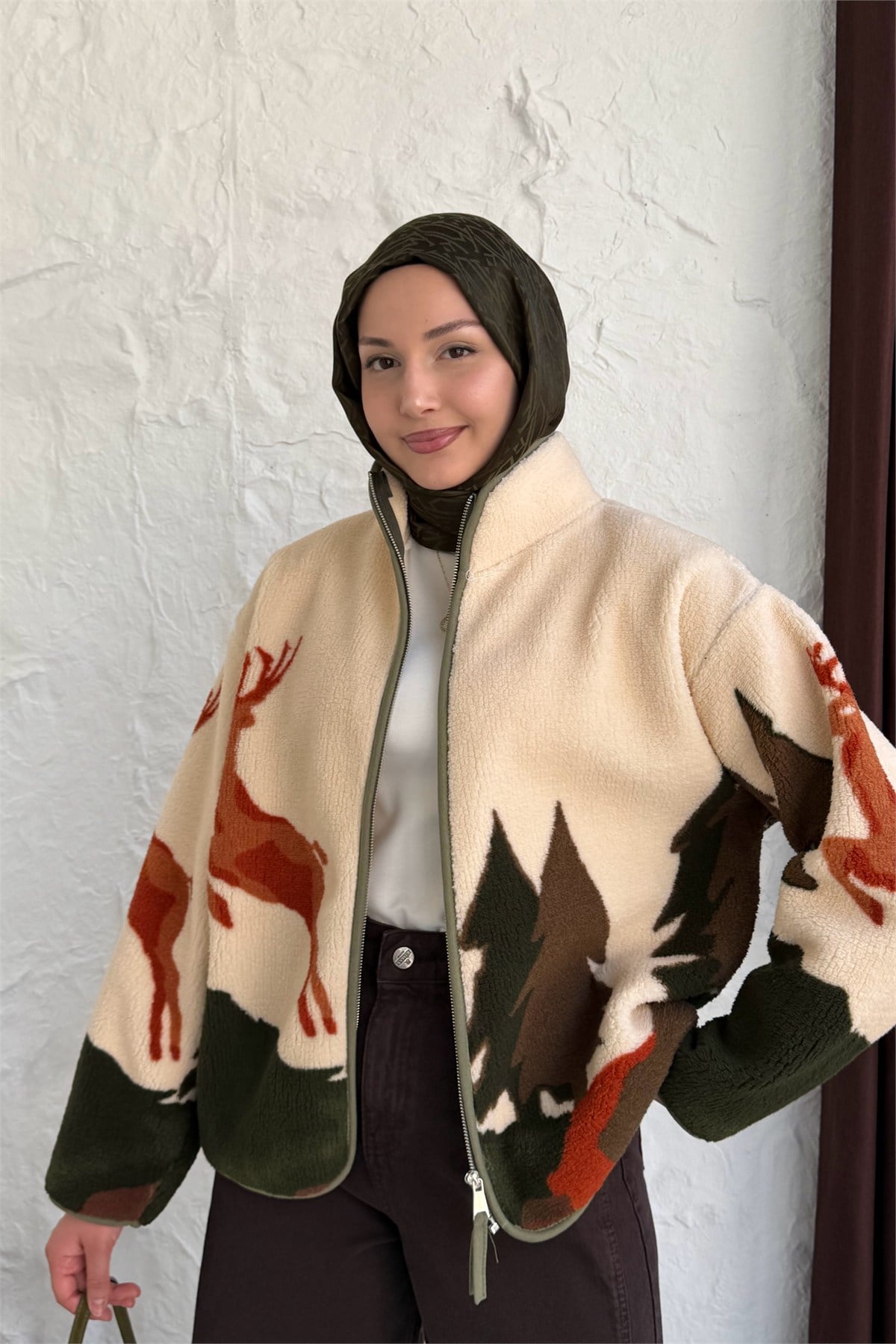 Geyikli Fermuarlı Polar Sweatshirt-HAKİ YEŞİL