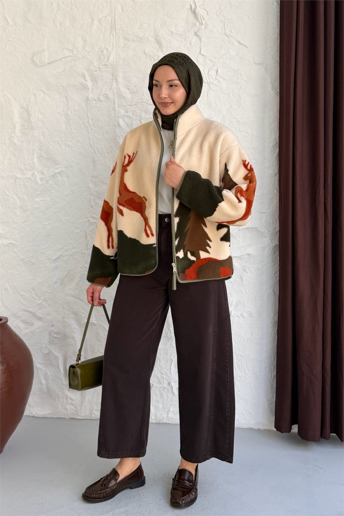 Geyikli Fermuarlı Polar Sweatshirt-HAKİ YEŞİL