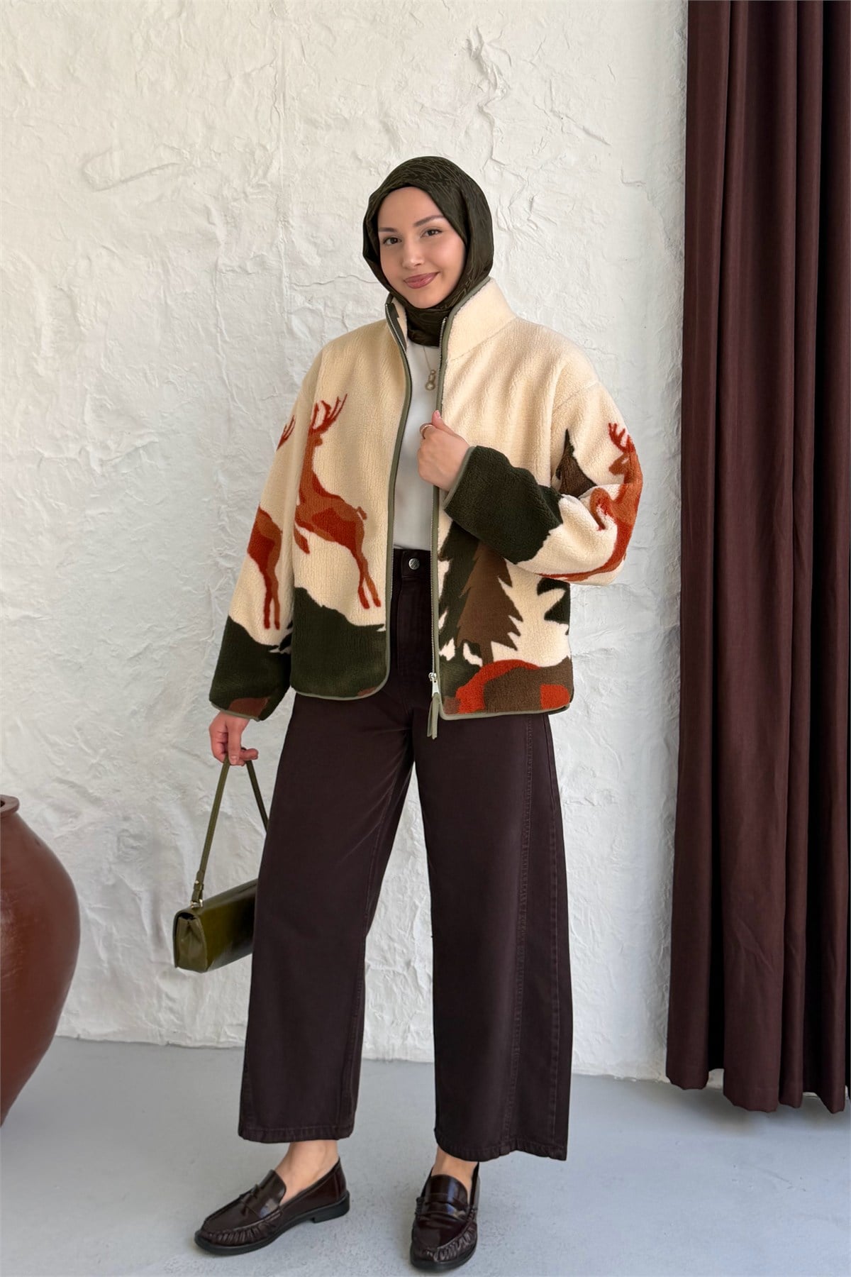 Geyikli Fermuarlı Polar Sweatshirt-HAKİ YEŞİL