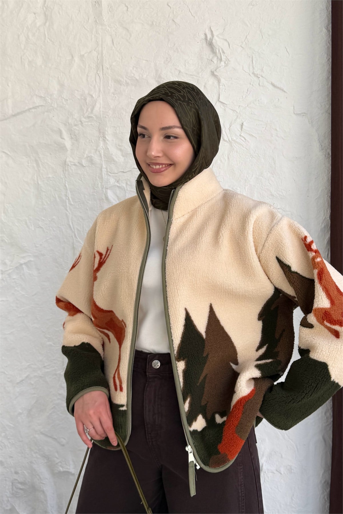 Geyikli Fermuarlı Polar Sweatshirt-HAKİ YEŞİL