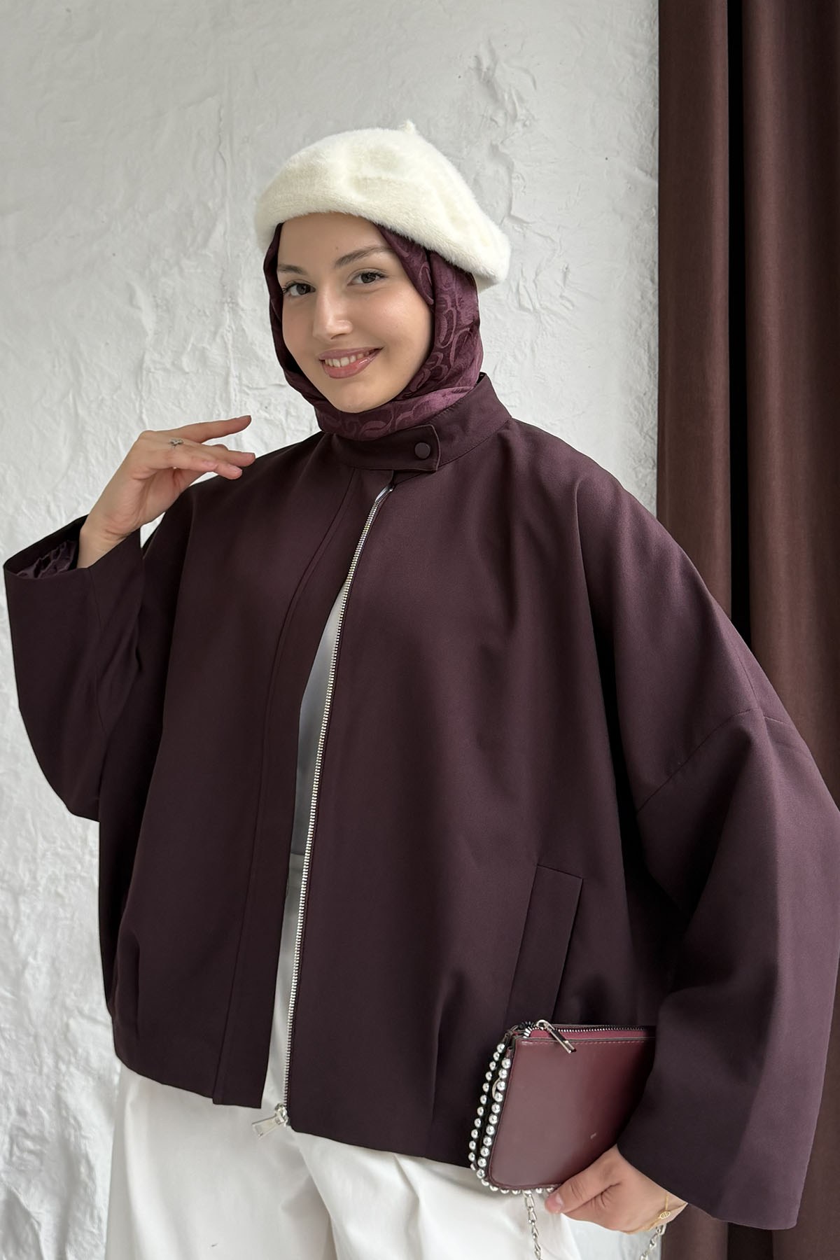 Gizli Fermuarlı Pile Detaylı Bomber Ceket-MÜRDÜM