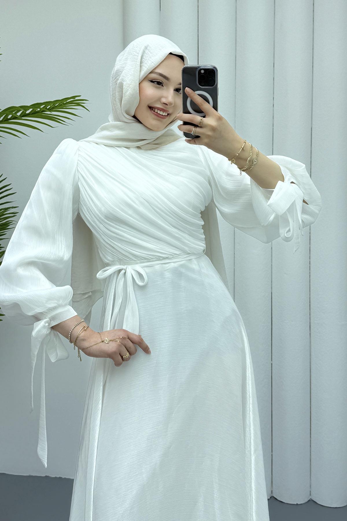 Gögüs Drapeli Kolları Bağlamalı Jan Jan Tesettür Abiye-BEYAZ