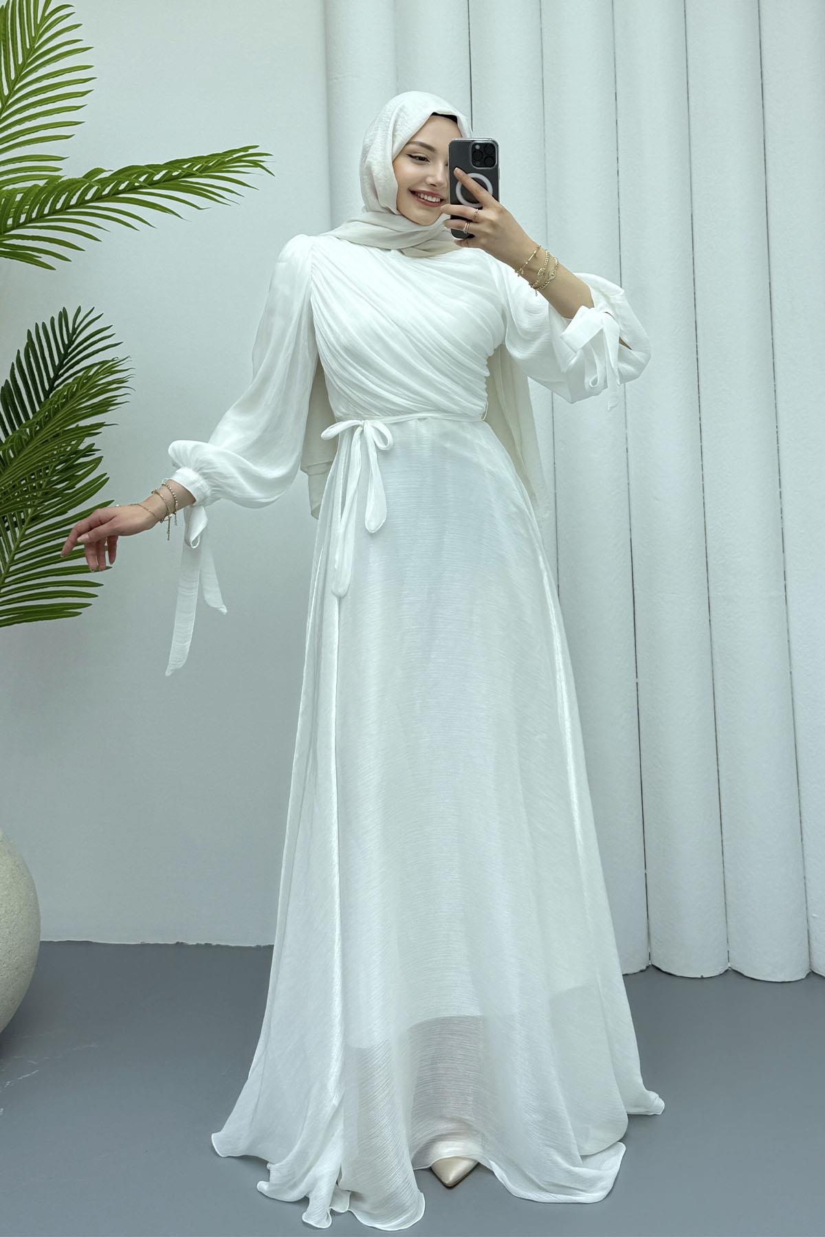 Gögüs Drapeli Kolları Bağlamalı Jan Jan Tesettür Abiye-BEYAZ