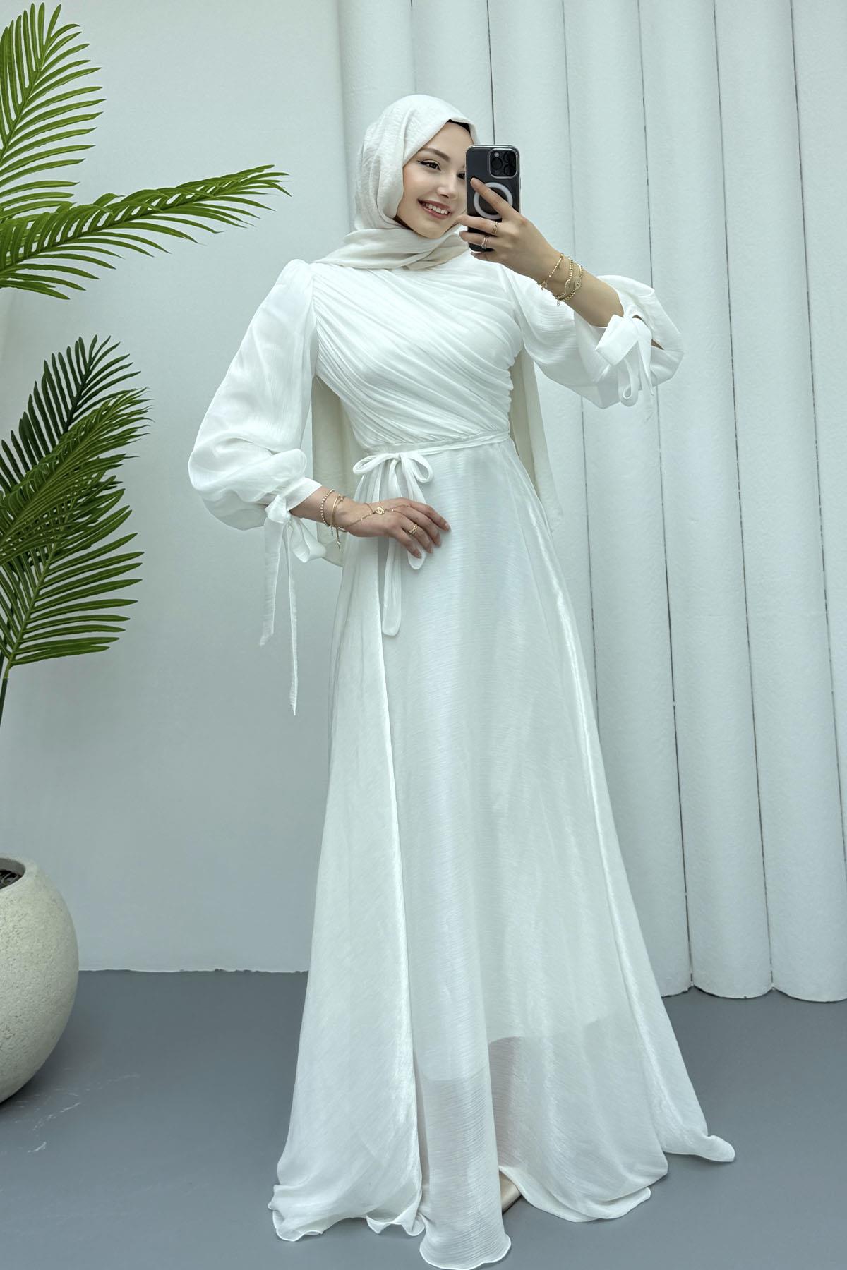 Gögüs Drapeli Kolları Bağlamalı Jan Jan Tesettür Abiye-BEYAZ