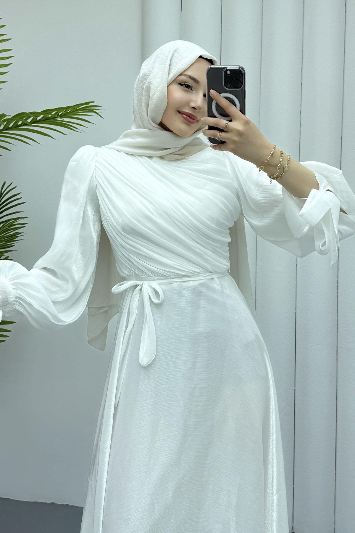 Gögüs Drapeli Kolları Bağlamalı Jan Jan Tesettür Abiye-BEYAZ